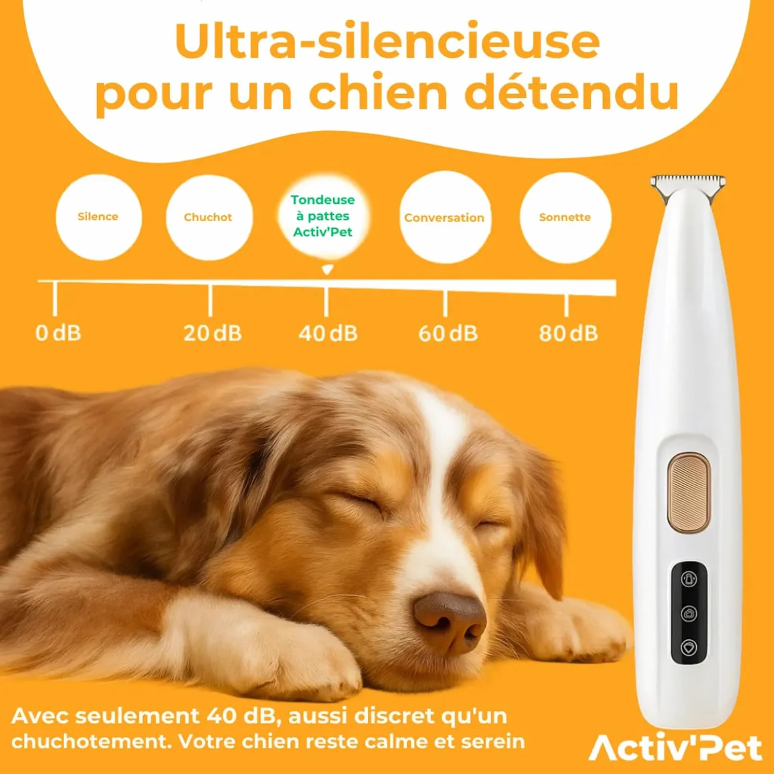 Activ'Pet Tondeuse à pattes silencieuse rechargeable USB avec éclairage LED pour chiens et chats