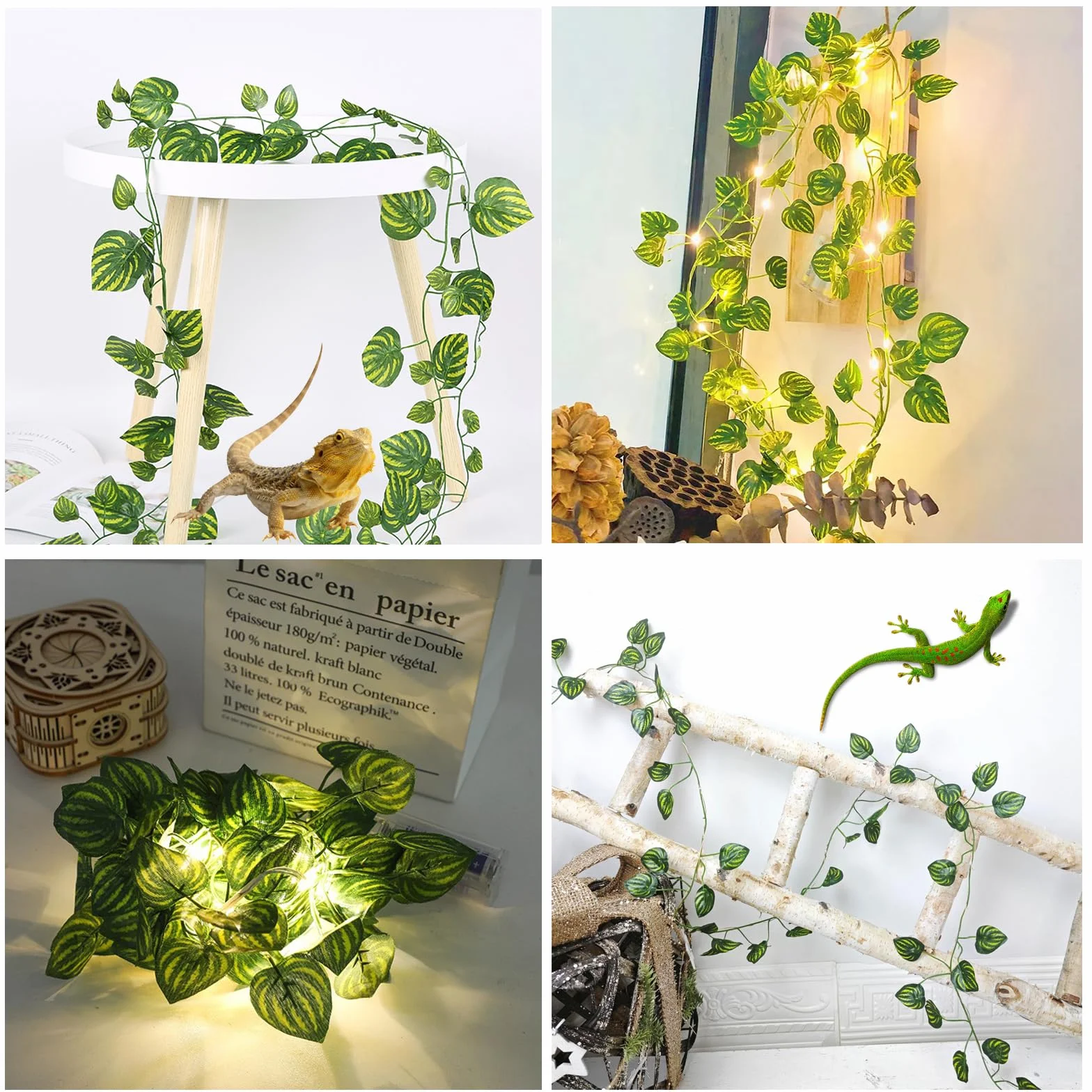 4-en-1 Plantes Suspendues et Hamac pour Reptiles – Ensemble de Décoration de Terrarium pour Reptiles avec Lianes Flexibles & Ventouses – Idéal pour Lézard, Caméléon, Gecko, Tortue (Vert)