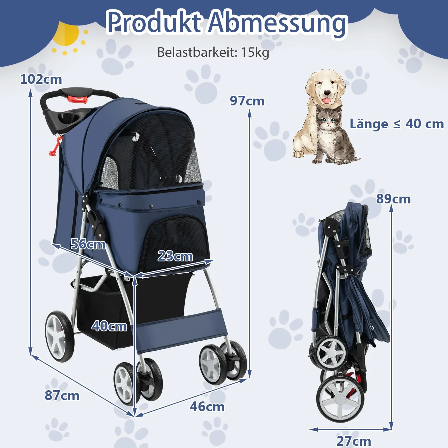 SOARS Poussette Chien Pliable 15 kg 87 x 46 x 102 cm Bleu Foncé