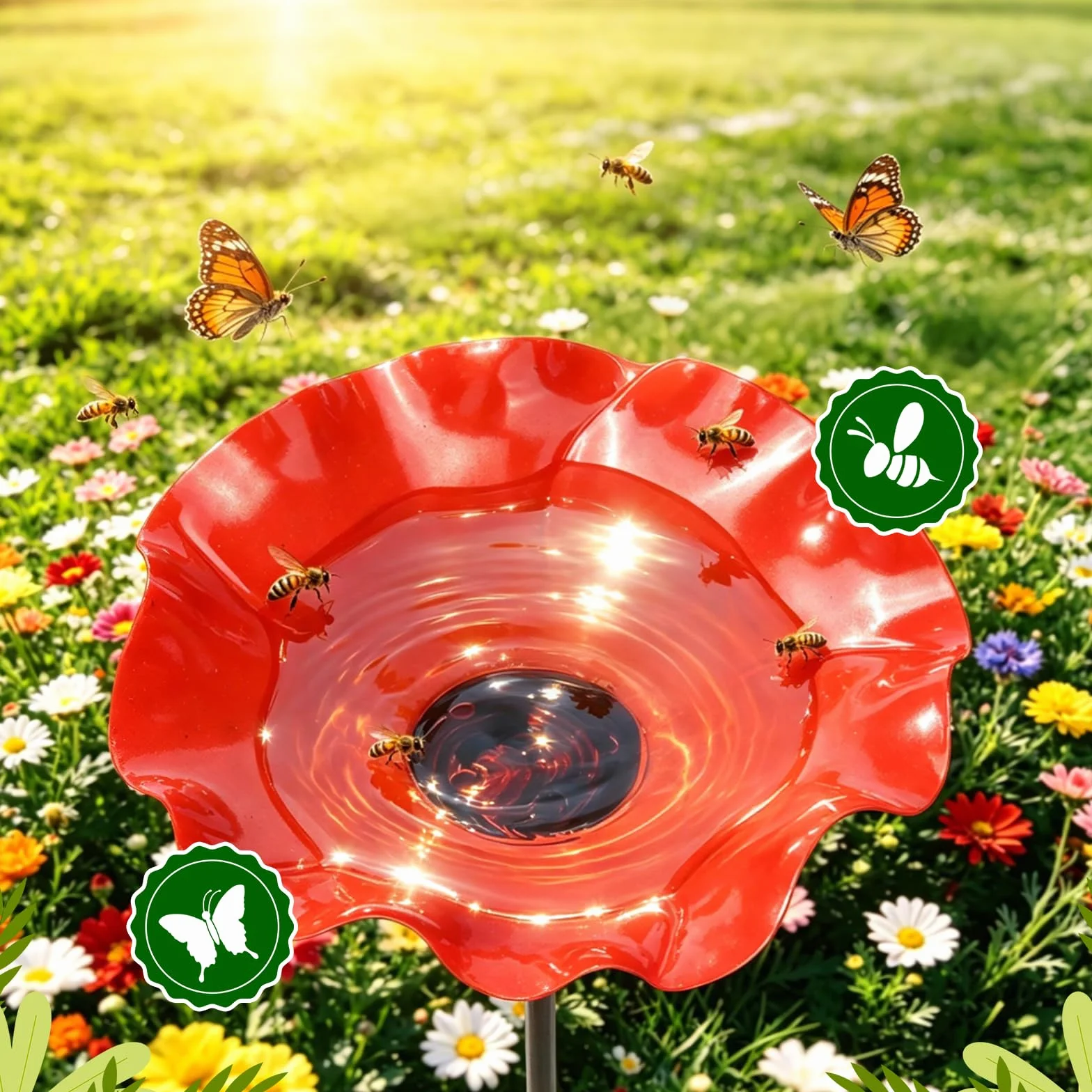 Bain d'Oiseaux sur Tige en Métal, Abreuvoir Fleur pour Oiseaux Extérieur, Fontaine avec Point d'Eau pour Abeilles, Décor Jardin Métal 65 cm