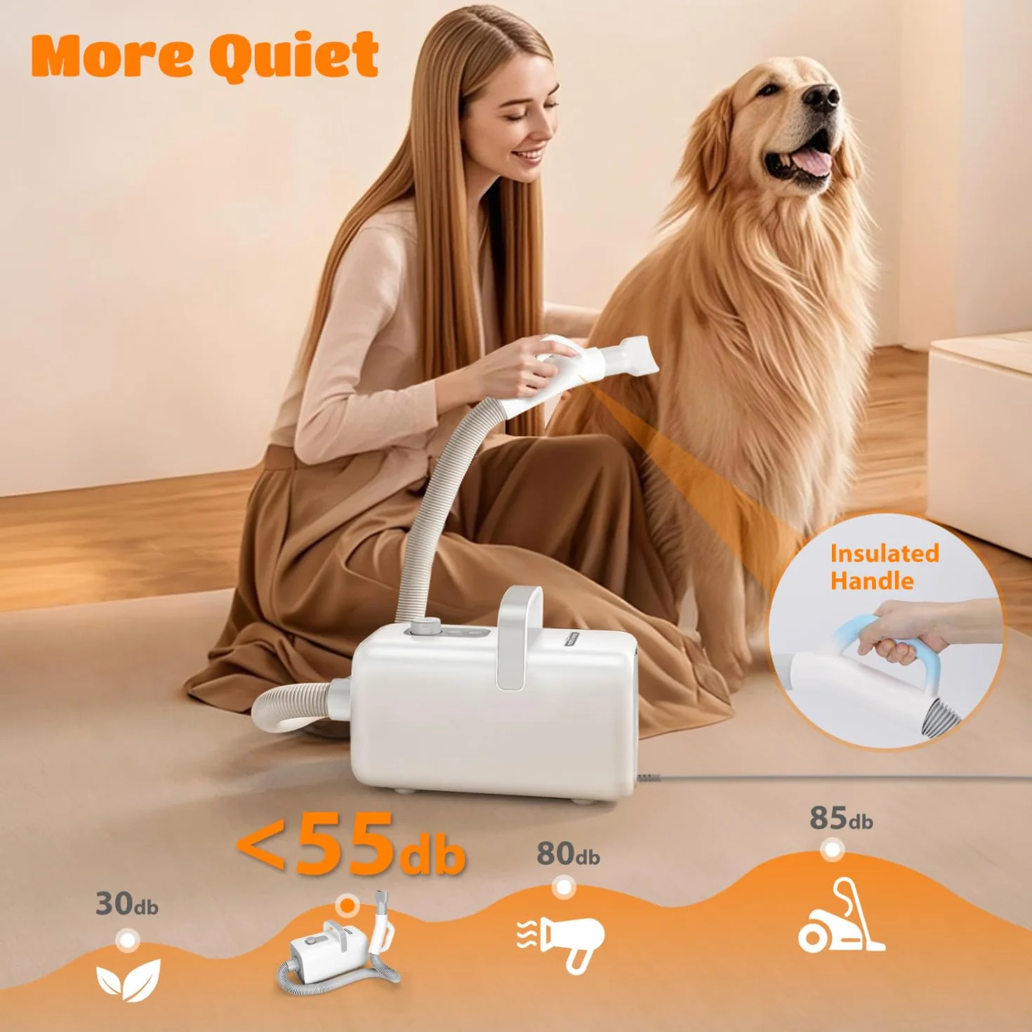 Nobleza Séchoir Professionnel pour Chiens et Animaux de Compagnie avec 4 Embouts, Vitesse/Température Réglables, Tuyau et Brosse Inclus, Faible Bruit