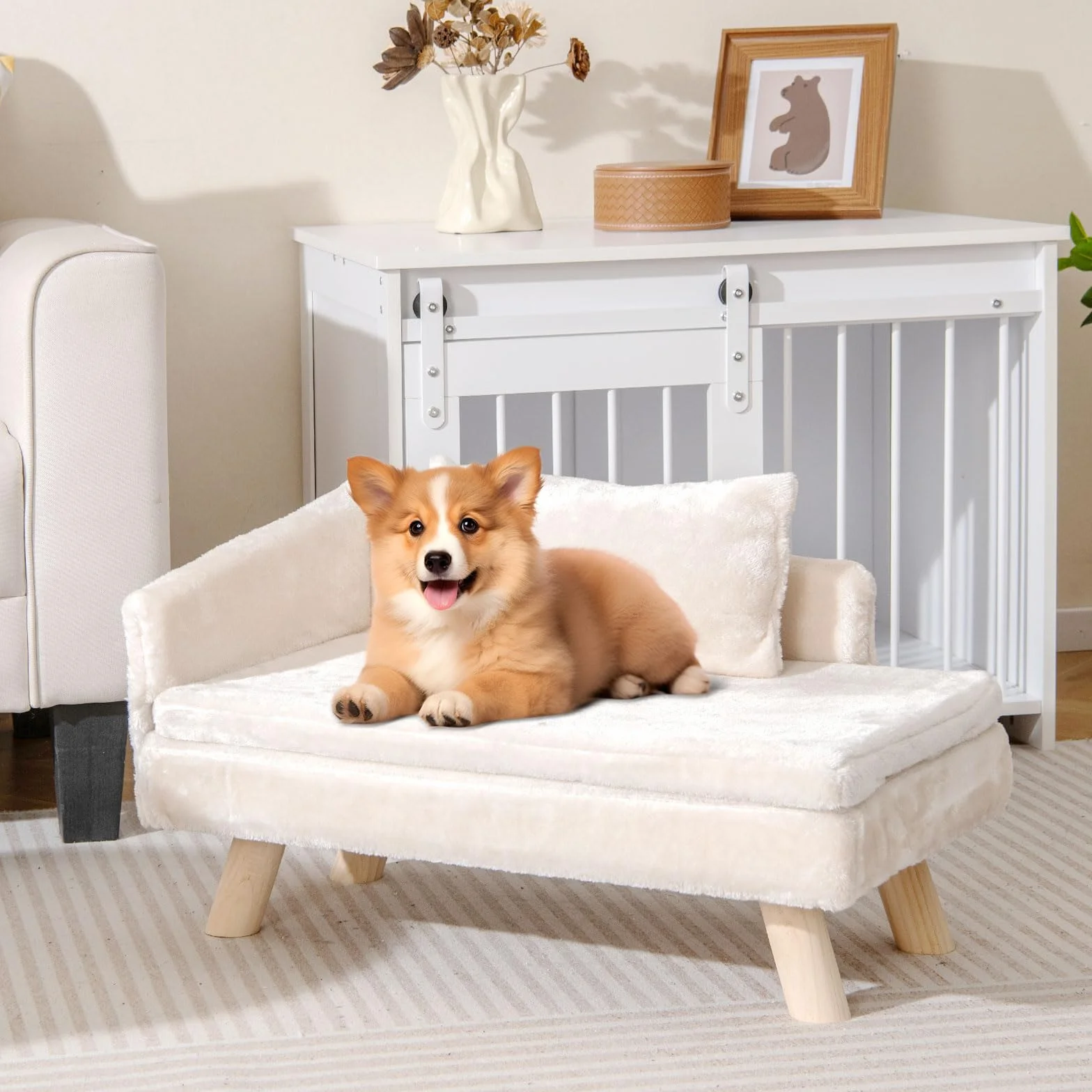 COSTWAY Canapé Lit pour Chien Chat 30/50 kg, Oreiller Coussin Amovibles, Pieds Bois, Panier Chien Chat Moyens Petits, Dossier Haut, Beige 71x43x40 cm