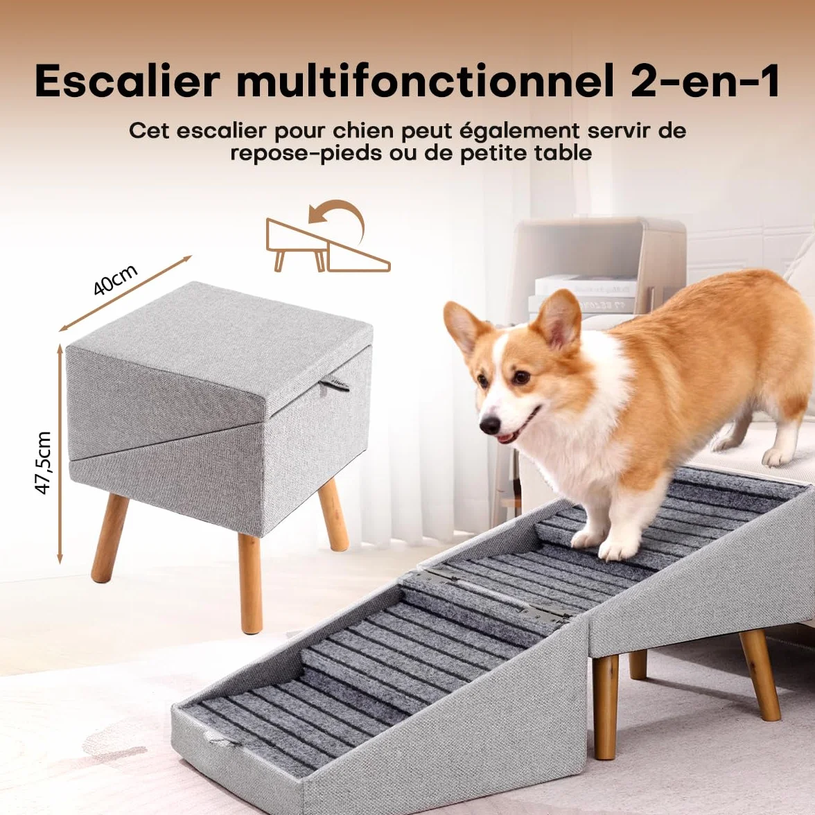 Escalier pour Chiens et Chats 2 en 1, 4 Marches Rampe Antidérapant pour Canapé Lit, Gris Clair 43,5 cm