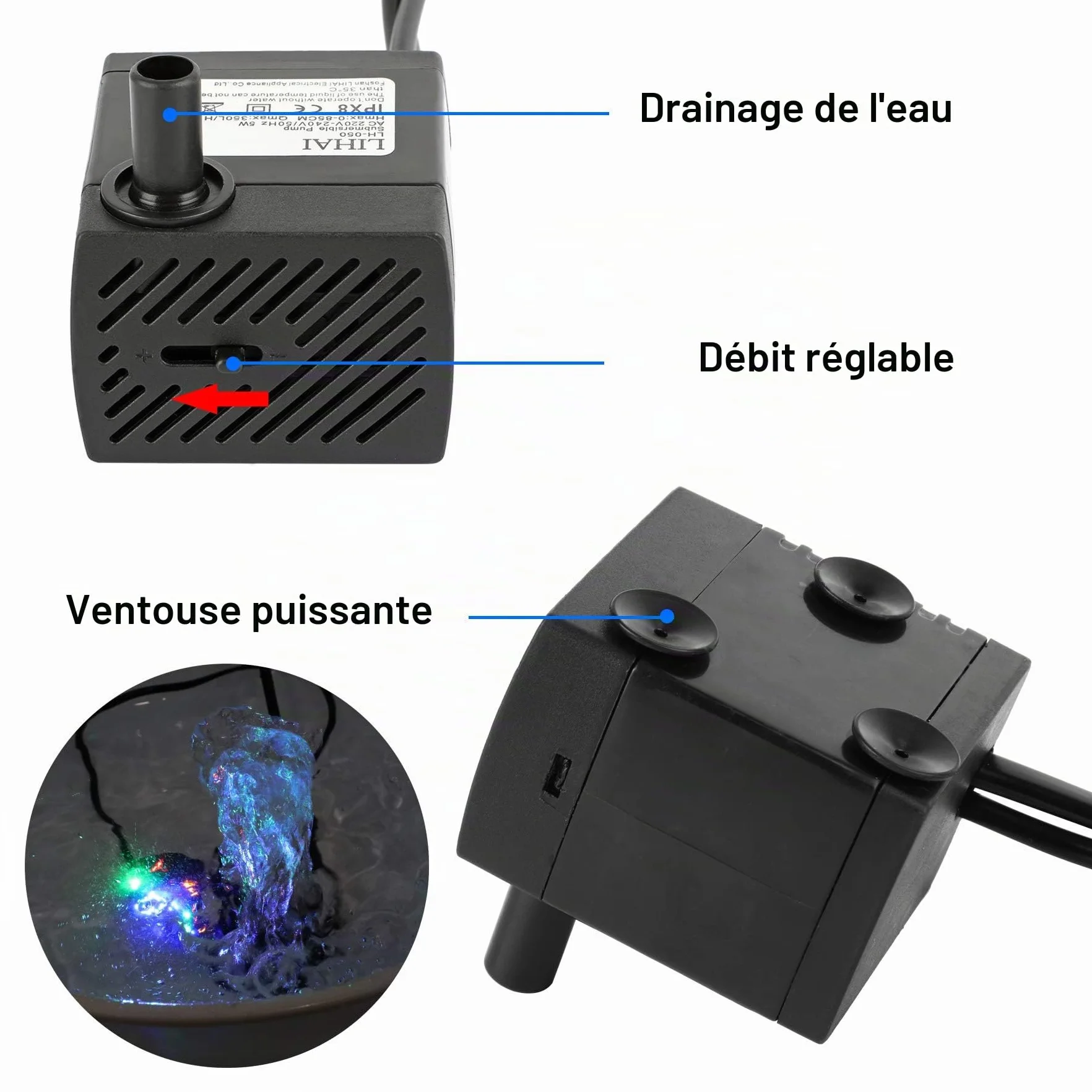Forever Speed Mini pompe à eau d'aquarium submersible 5 W 350 l/h 0,85 m avec LED