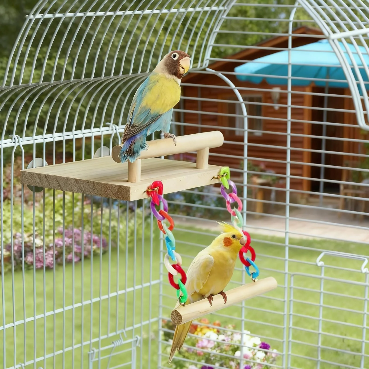 Perchoirs à Oiseaux en Bois avec Balançoire, Jouet Perroquet à Mâcher pour Pinsons, Perruches, Calopsittes, Cacatoès