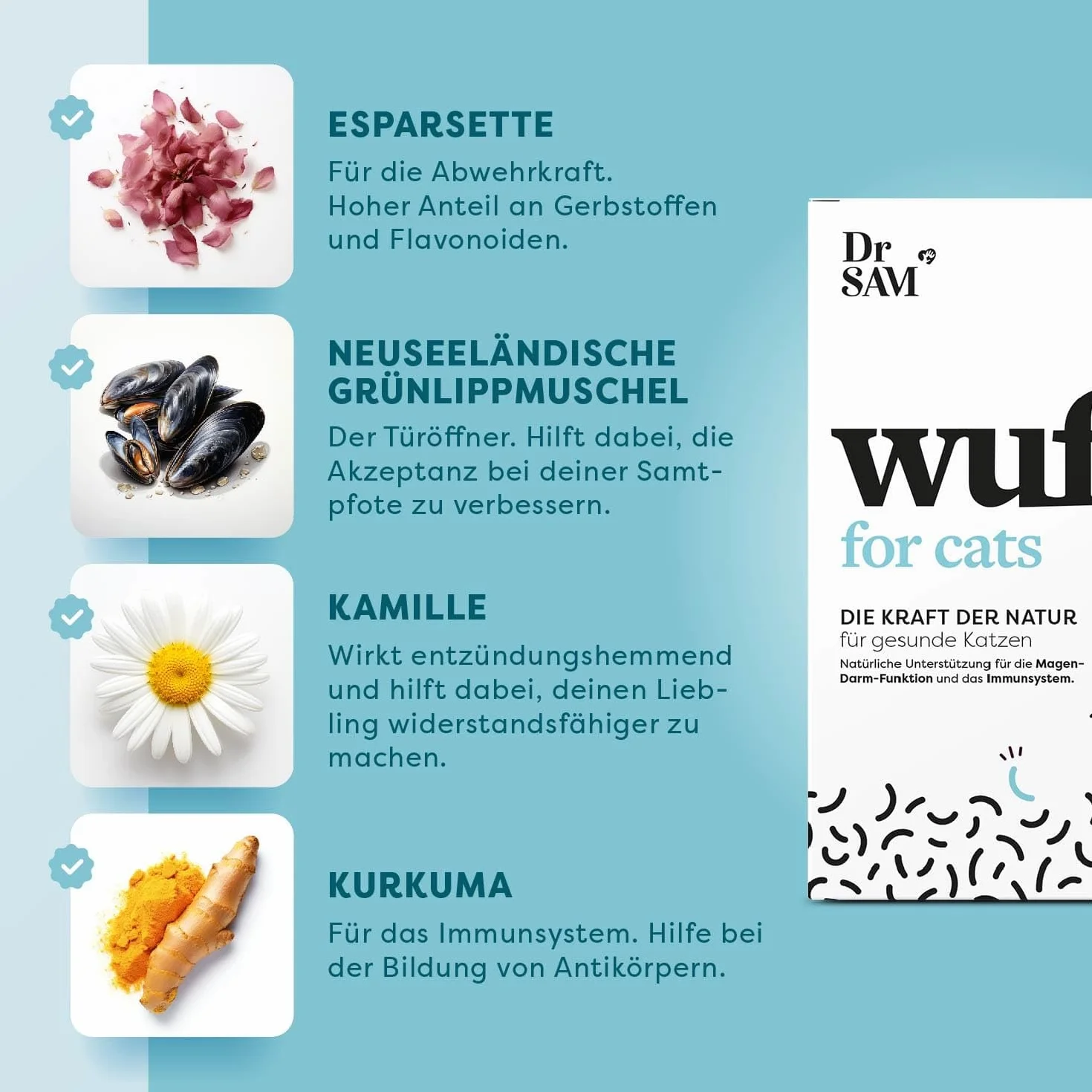 Dr. SAM wufit pour Chats à Base de Plantes - Paquet mensuel - Soutien Gastro-intestinal Naturel après Infestation de Vers (Moins de 5kg)