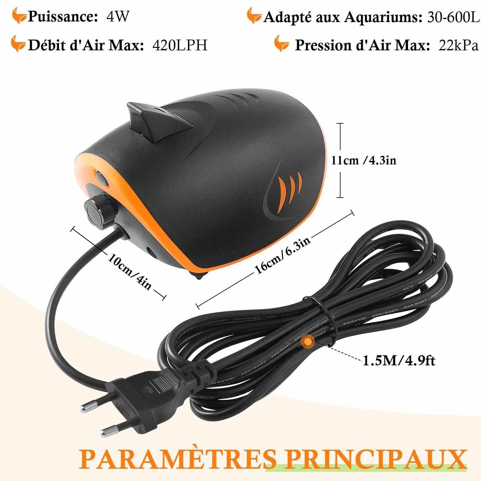 Pompe à Air Puissante pour Aquarium 420L/H 4W 2 Sorties Métalliques avec Lumière LED Réglable 30-600L
