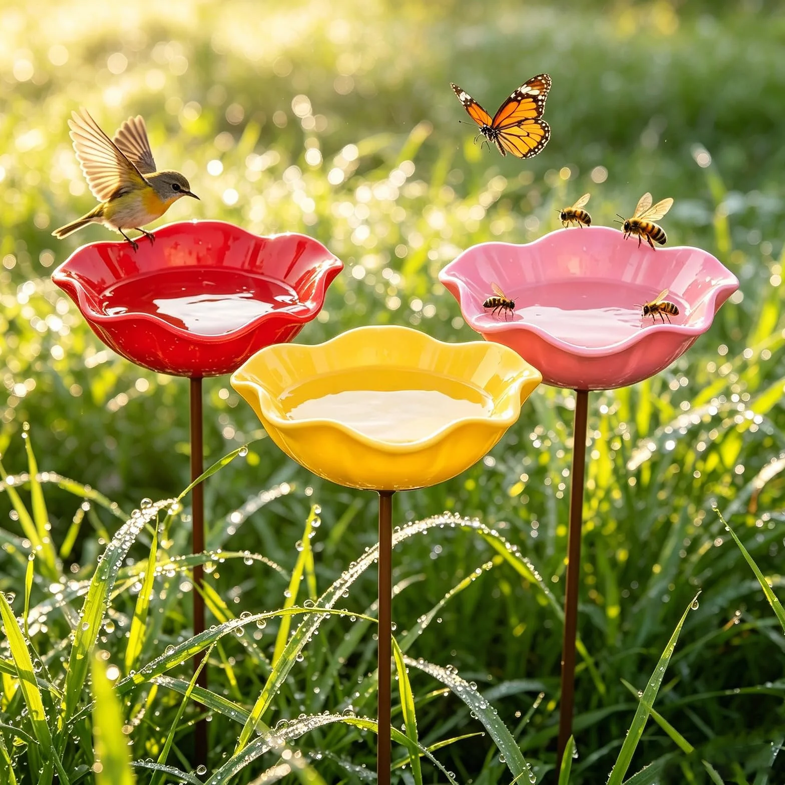 Abreuvoir pour oiseaux en métal en forme de fleur, lot de 3 pour jardin extérieur
