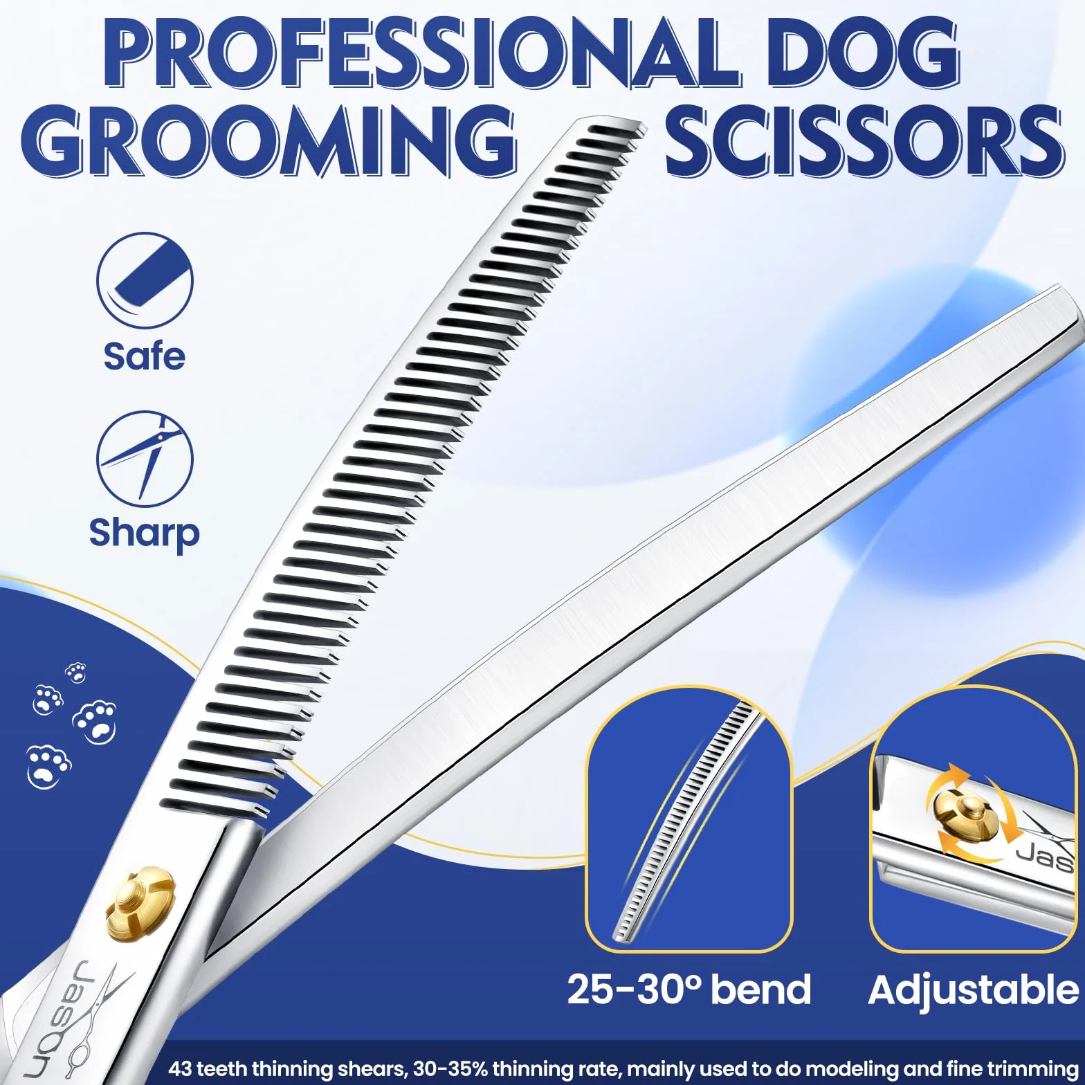 JASON 7.5 pouces ciseaux à effiler courbes pour chiens 43 dents ciseaux professionnels pour chiens courbes vers le bas en acier inoxydable japonais 440C ciseaux à fourrure avec poignée symétrique