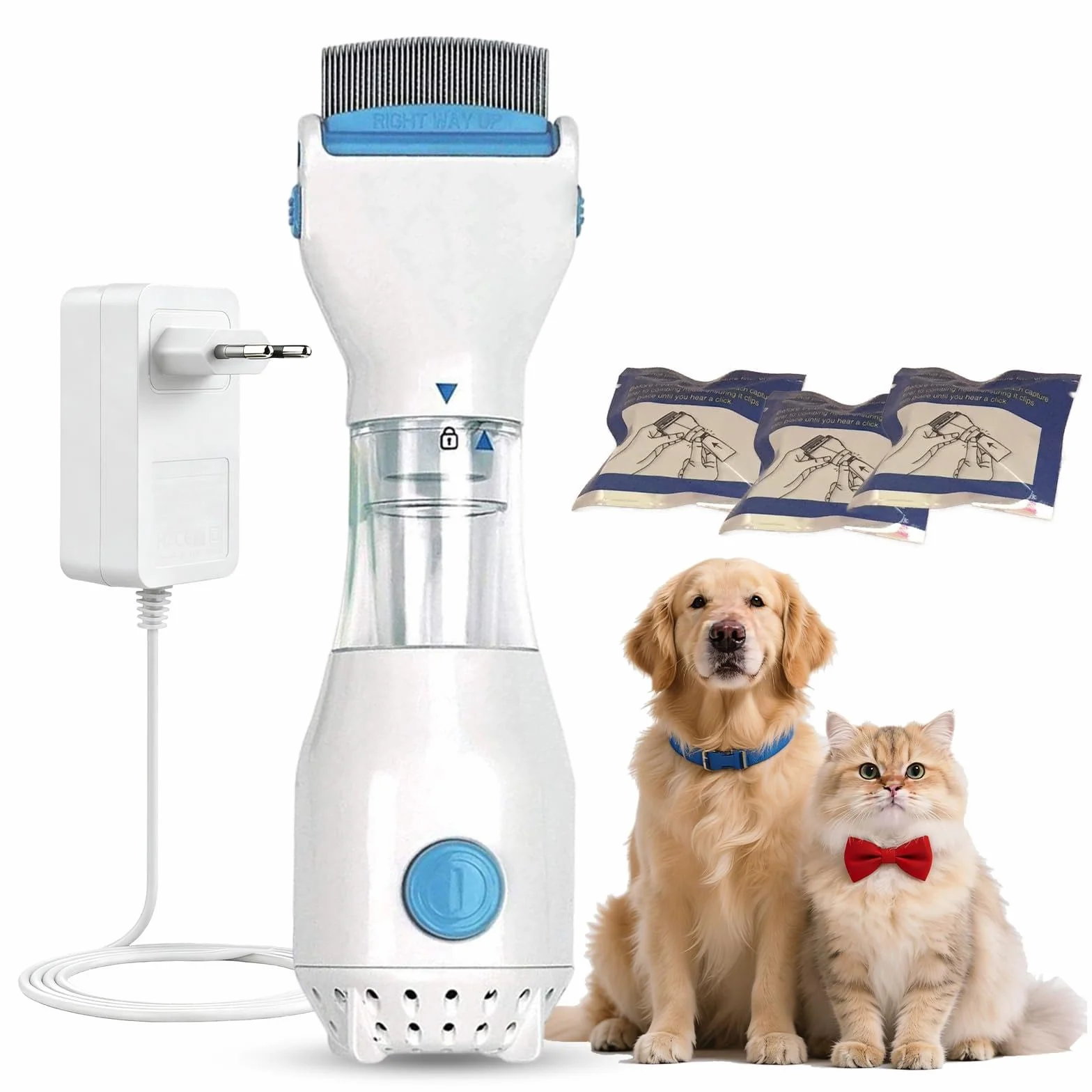 Peigne à puces électrique pour chien avec 3 sacs filtrants pour chiens et chats, anti-puces et tiques