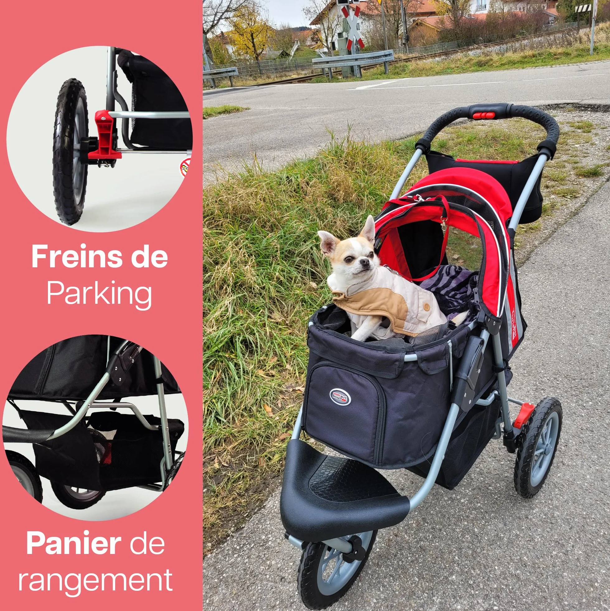 Poussette pour chiens et chats pliable Innopet Comfort Efa Eco Rouge/Noir 25 kg roues anti-crevaison 3 roues