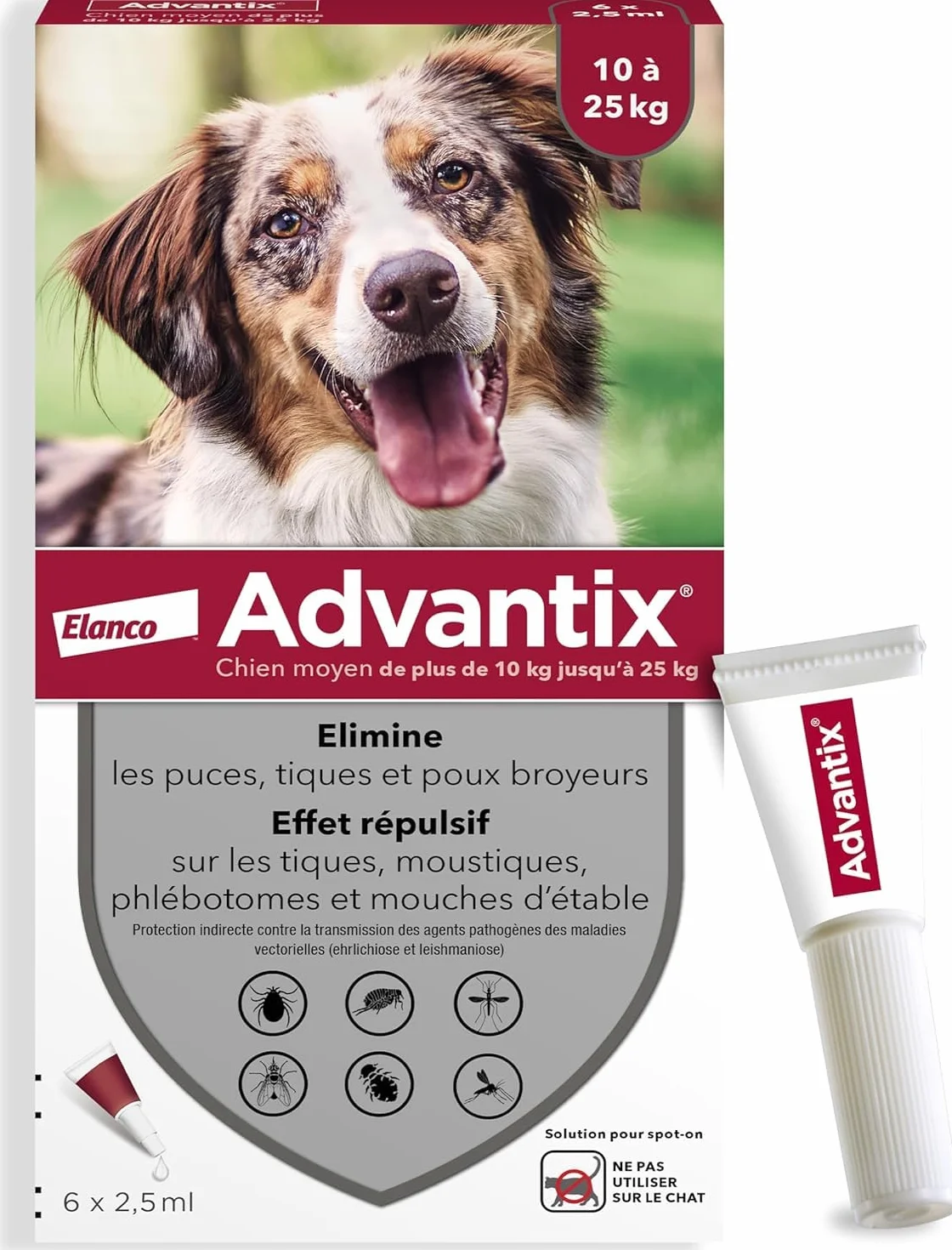 Advantix Chien Moyen 10-25 kg Pipettes 6 Parasites Traitement 4 Semaines 6 x 2,5 ml