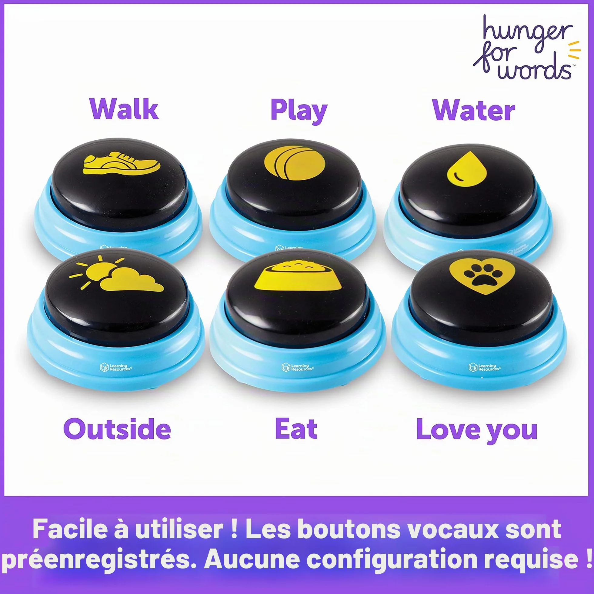 Learning Resources Hunger for Words Mots Essentiels pour Chien Parlant - kit de 6 Boutons avec Message pré-enregistré pour Chiens, Boutons de Communication pour Les Chiens