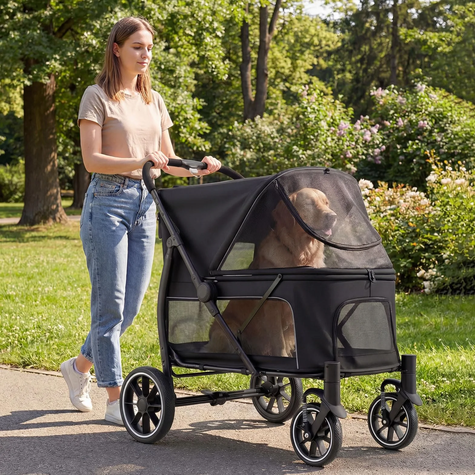 COSTWAY Chariot pour Chien Chat Pliable, Charge 40 kg, Grand Entrée Basse, Noir