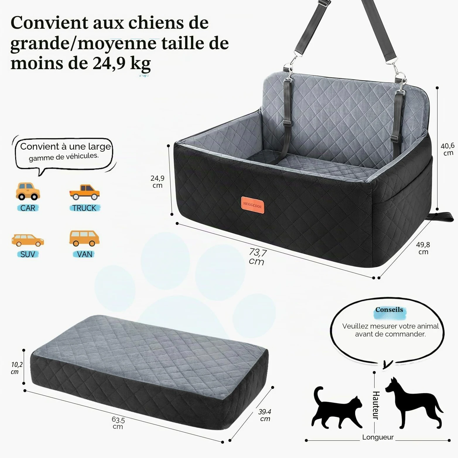 HEGGCOOE Siège auto pour chiens moyens/grands - Rehausseur pour animaux <25 kg ou 2 petits chiens, lit de voiture amovible et lavable pour siège arrière