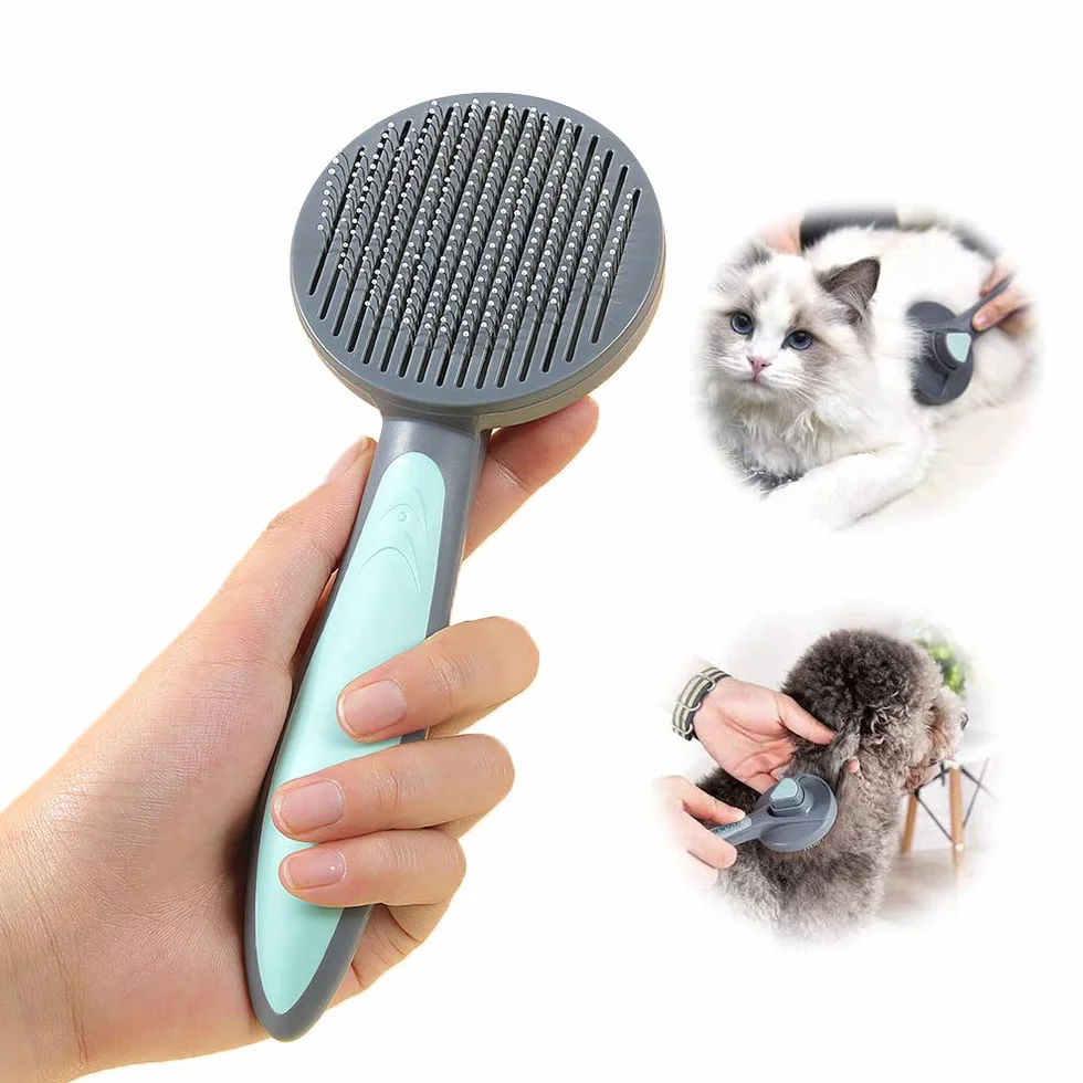 Brosse autonettoyante pour chat et chien PAKEWAY, bouton de déverrouillage, adaptée chatons animaux poils courts moyens longs vert