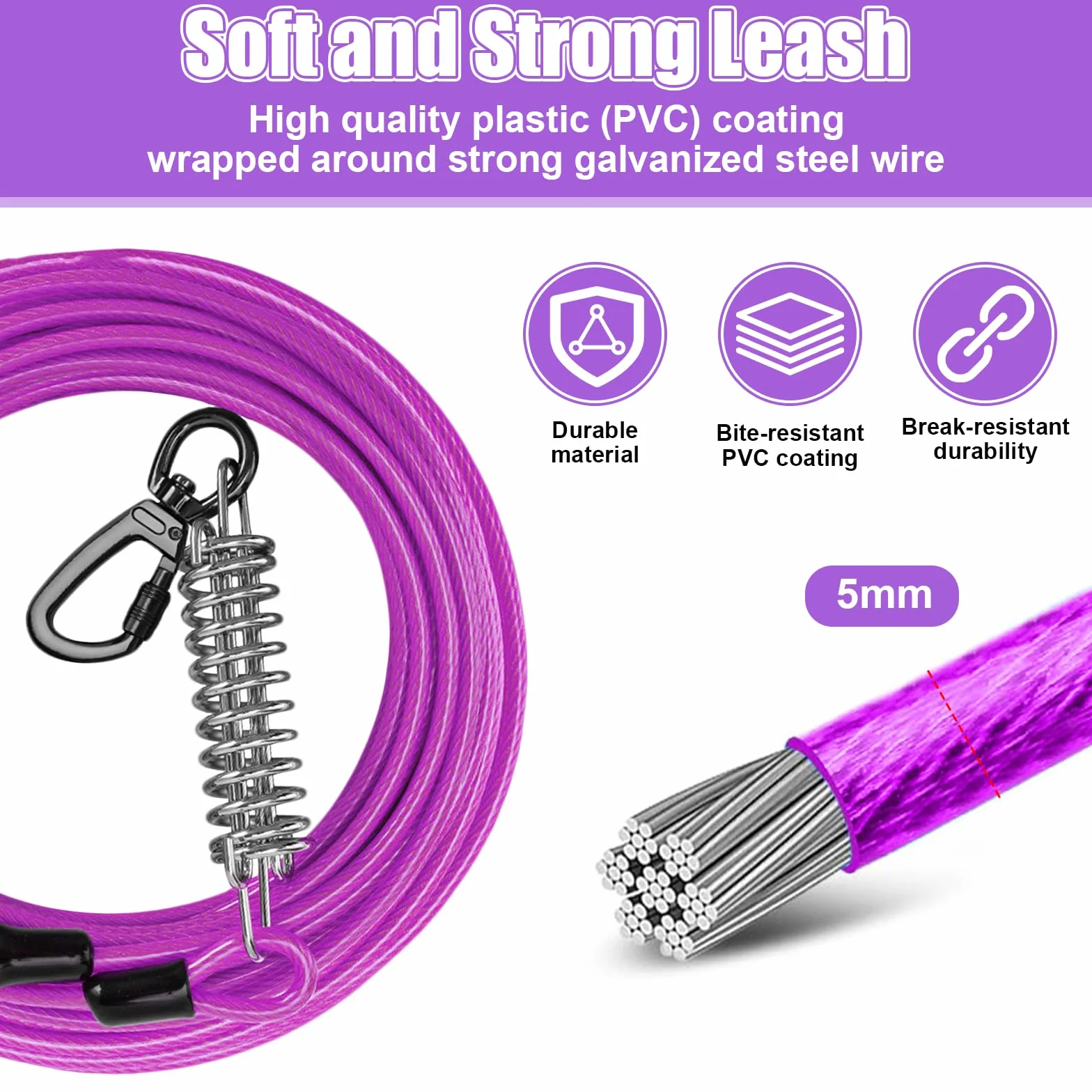 Câble d'attache pour Chien 9 m avec Crochet Verrouillable à Ressort, Laisse Réfléchissante Anti-Morsure, Sac de Rangement (Violet)