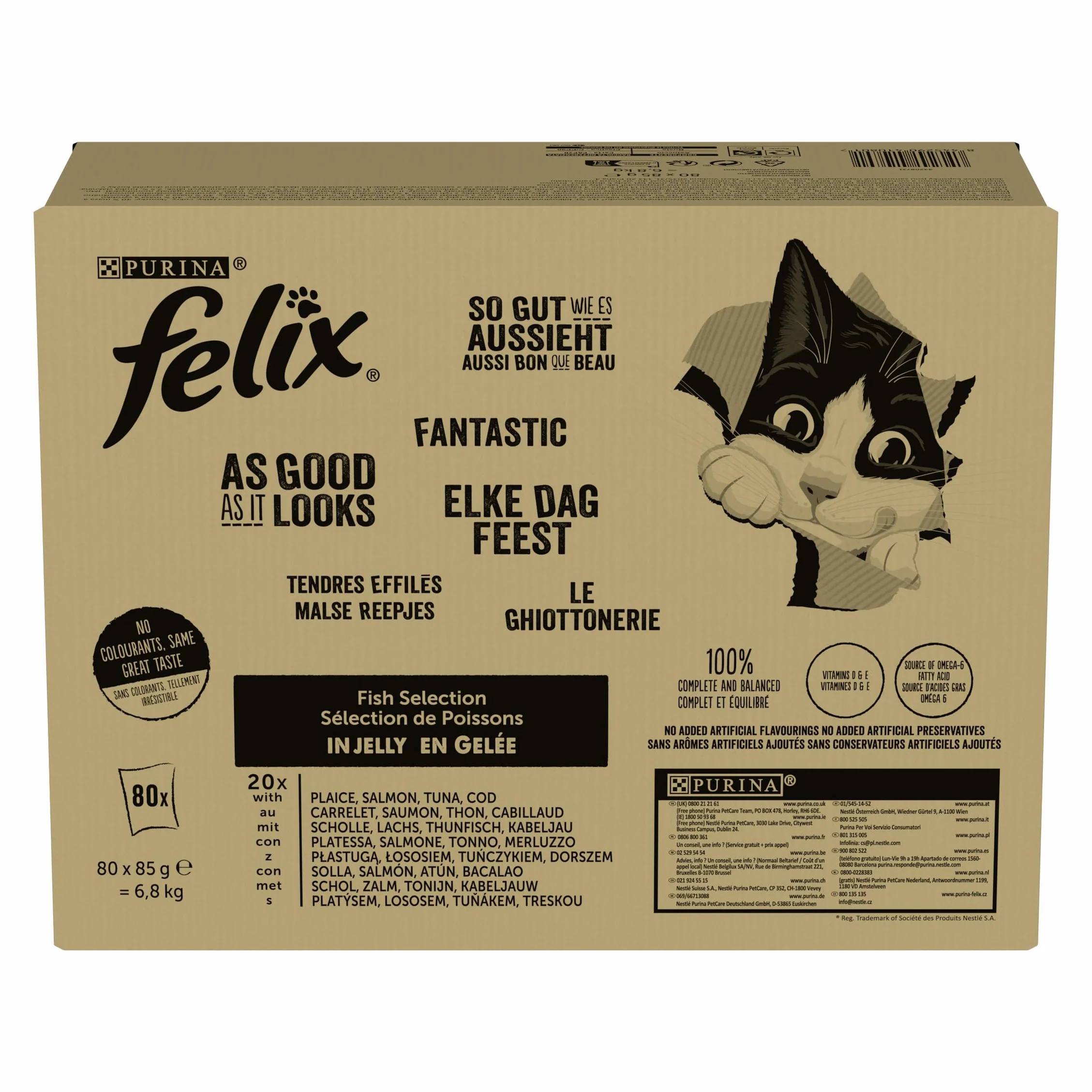 Felix Tendres Effilés en Gelée Alimentation complète Chat Adulte au Thon, Saumon, Boeuf et Poulet 80x85g