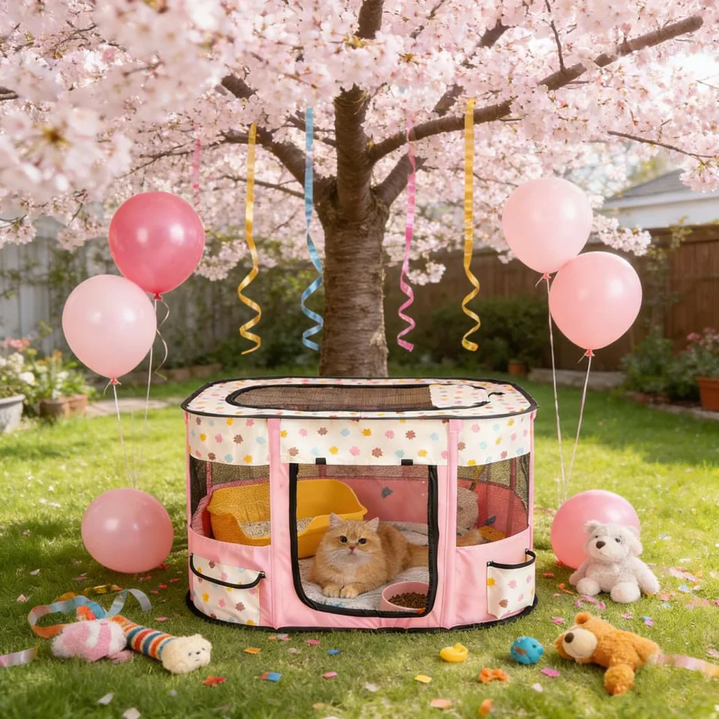 Niche Portable pour Animaux 80x60x55cm Pliable Rectangulaire avec Sac de Transport Rose
