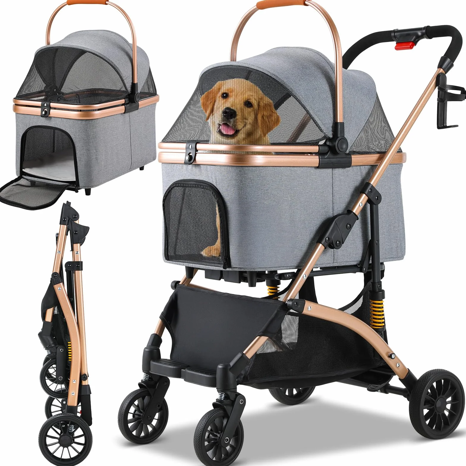 MAMIZO Poussette Chien 3-en-1 Pliable, Panier de Rangement, Fenêtre en Filet, pour Petits Chiens et Chats, jusqu'à 20 kg, Roues 360° Résistantes, Gris Foncé