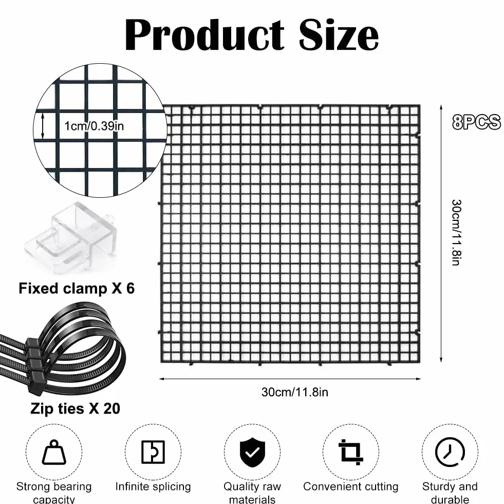 Lot de 8 grilles en plastique pour aquarium 30x30 cm avec supports et serre-câbles, protection et séparateur noir