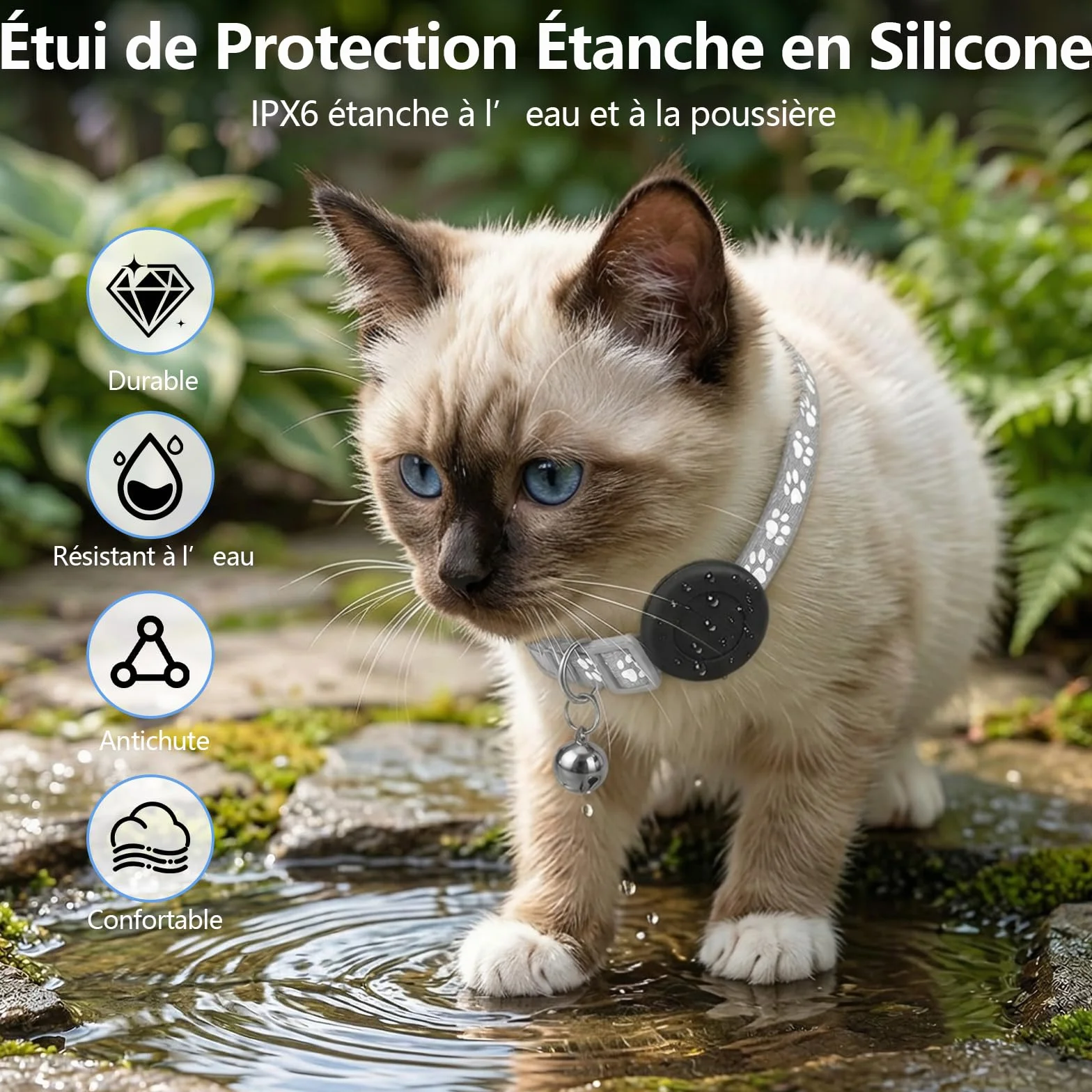 Collier GPS Chat, Traceur GPS Chien Chat sans Carte SIM/Abonnement Mensuel, Compatible avec iOS et Android, Suivi en Temps Réel Étanchéité IPX6 Traceur Collier Traceur pour Chien,Chats,Voitures - Gris