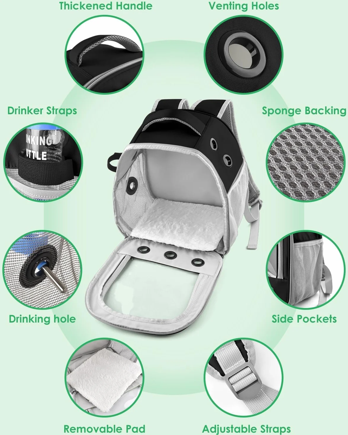 Sac à dos pour cochon d'Inde - Sac de voyage portable pour petits animaux avec porte-bouteille et support amovible noir