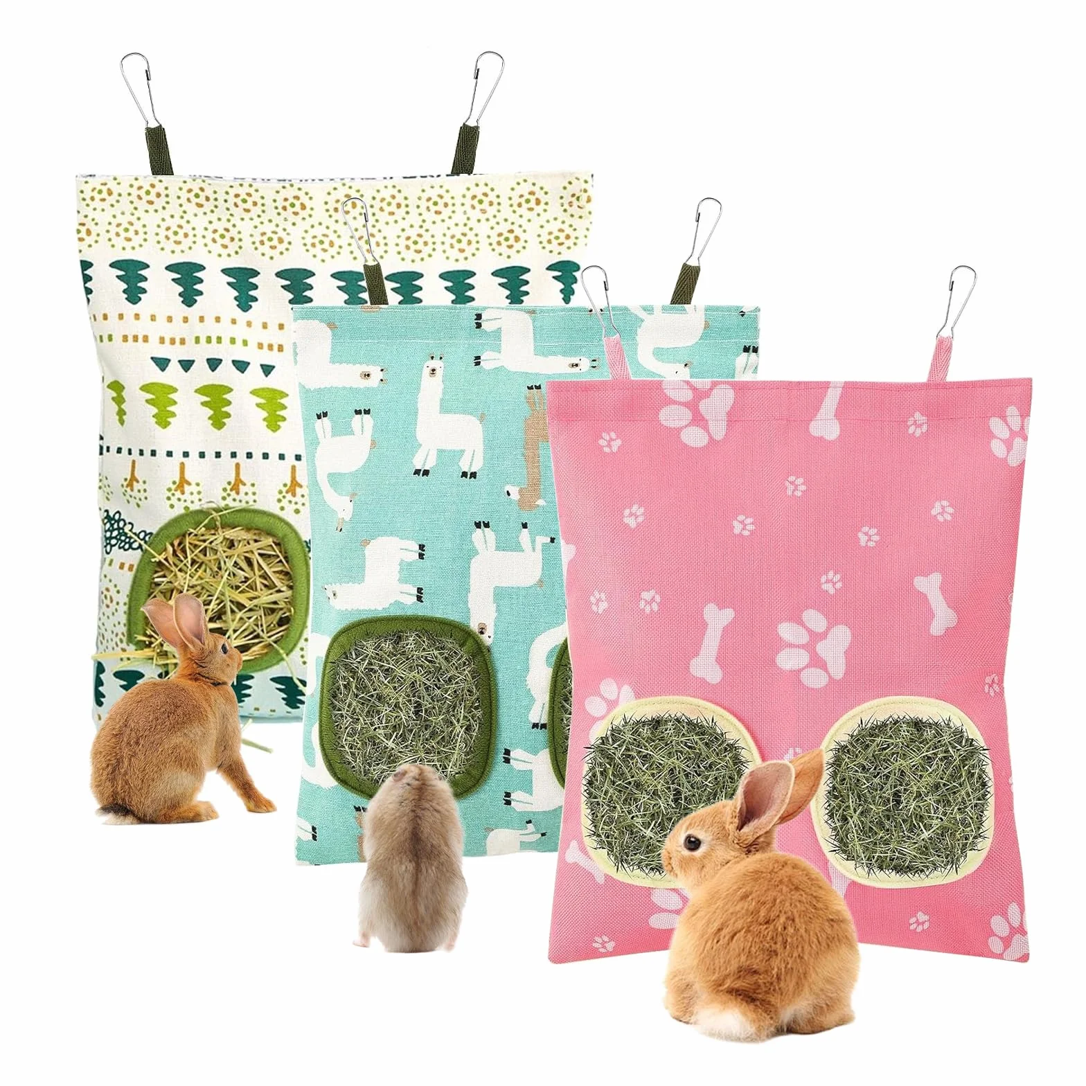 Sac à Foin Lapin Ratelier Suspendu Coton Lin 35.5x24.5 cm avec 2 Trous pour Cochon d'Inde Chinchilla Hamster