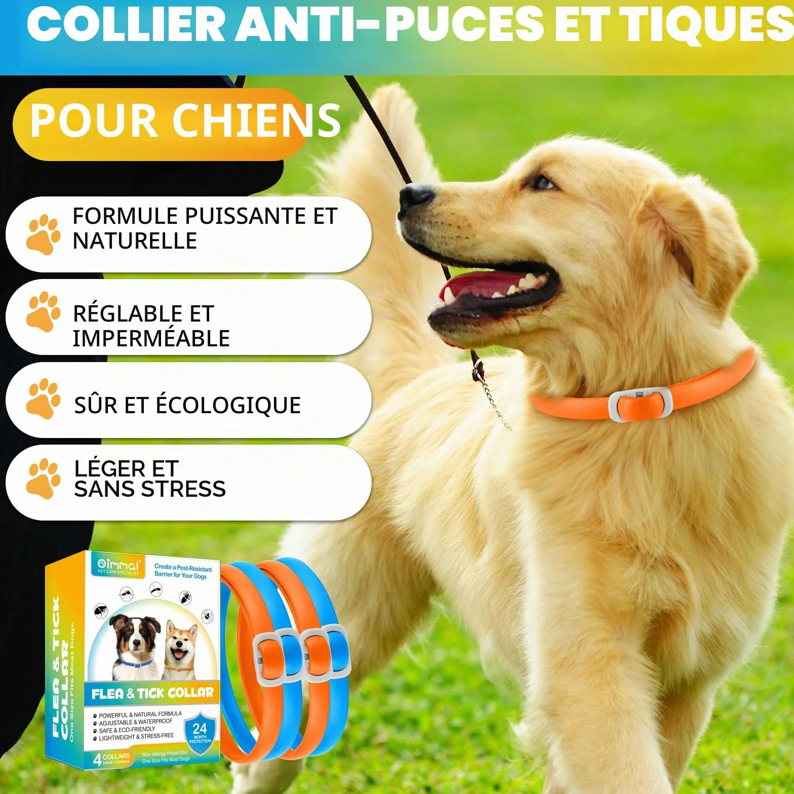 Collier Anti Puces pour Chien, 4 Pièces Anti Tiques pour Chien, Réglable et Imperméable, Sûr et Naturel, Longueur 60cm, Protection 24 Mois, pour Chiens de Petite Moyenne et Grande Taille (Bleu&Orange)