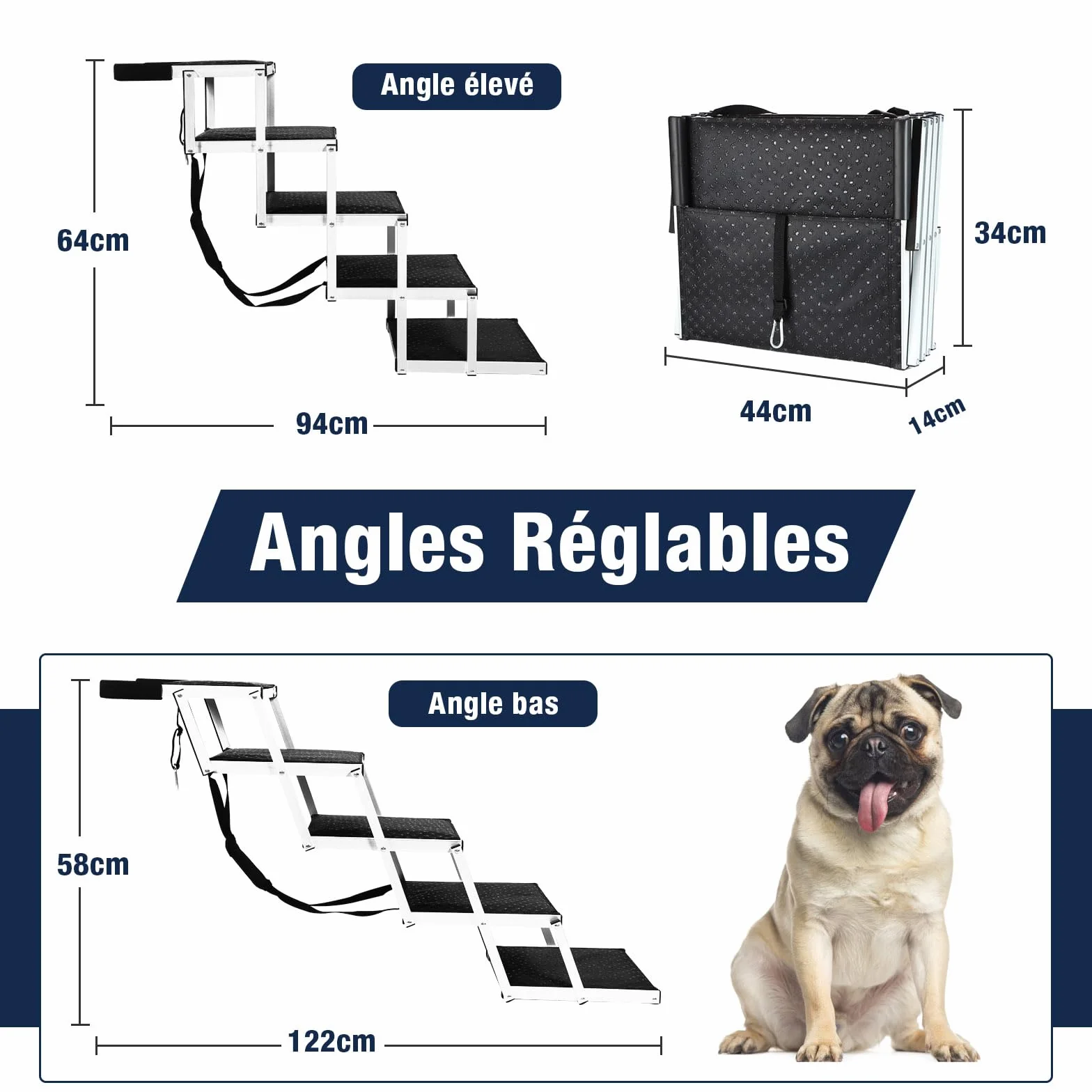 Escalier de Voiture Pliable pour Grands Chiens, Rampe d'escalier pour Chien avec Surface Antidérapante，Rampes Légères pour Chien pour Voiture et SUV pour Chiens Jusqu'à 80kg