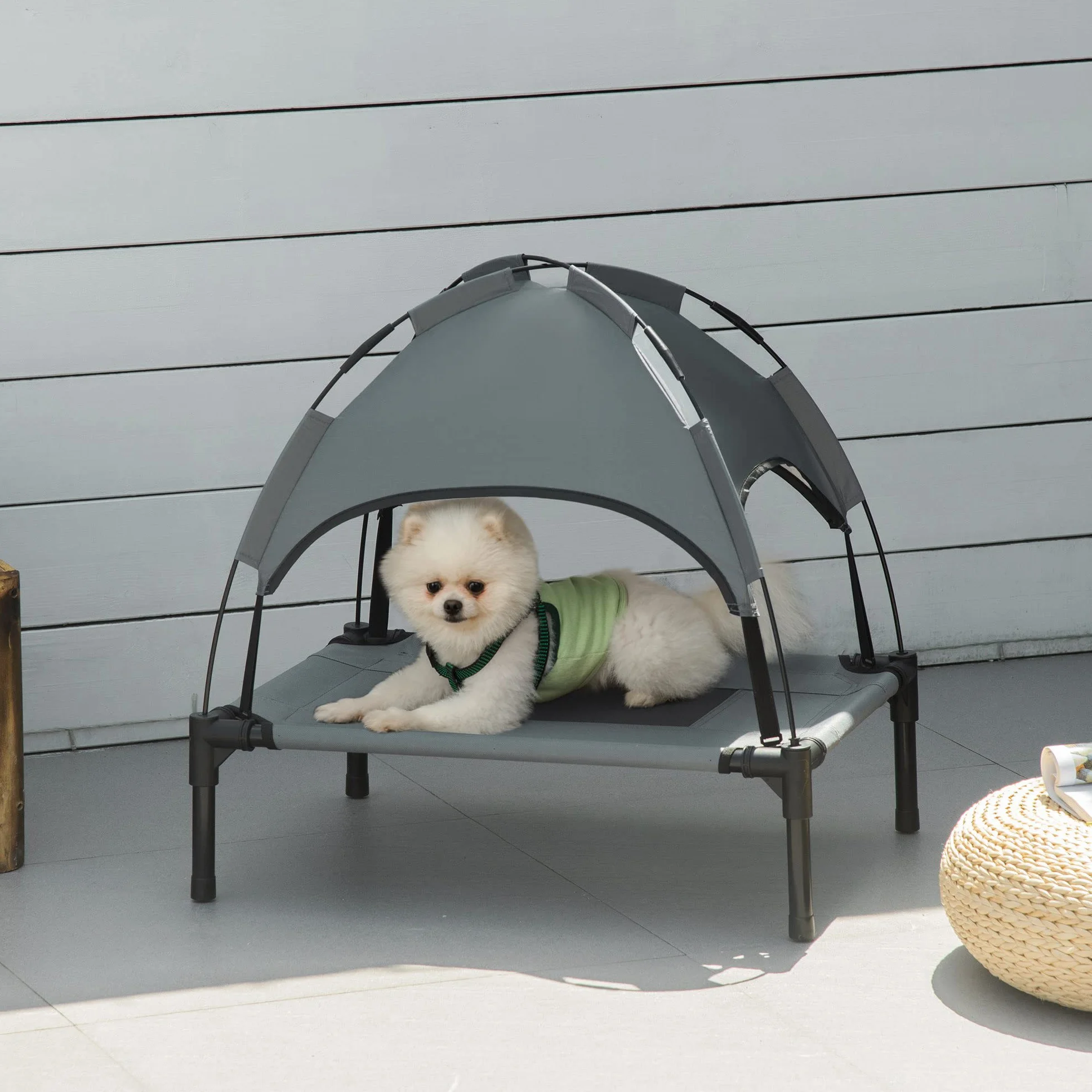 PawHut Lit Chien Surélevé avec Parasol 161x46x61 cm Gris Noir Anti-UV Oxford Respirant