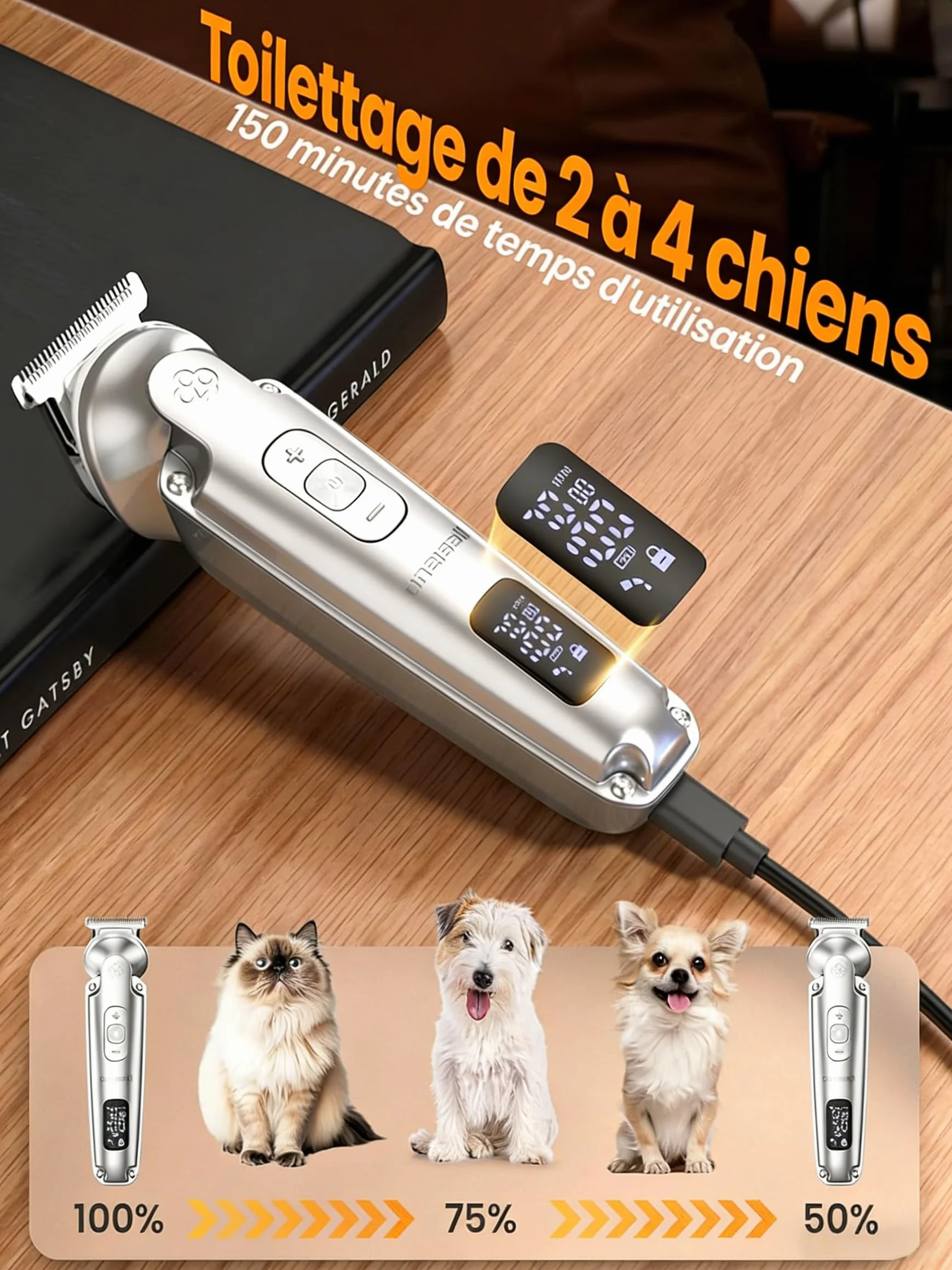 Oneisall 4-en-1 Tondeuse pour Chien Chat Professionnelle Sans Fil avec Affichage 2000mAh Argenté