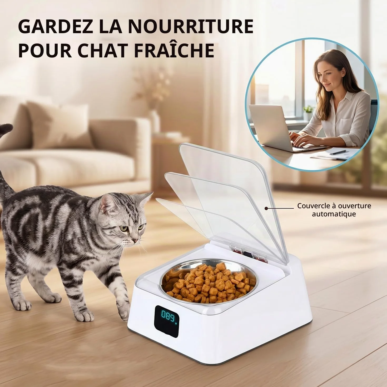 Mangeoire automatique pour chats, 350 ml, avec capteur infrarouge, gamelle automatique avec couvercle à charnière, pour chiens et chats de petite et moyenne taille, pour nourriture humide et sèche
