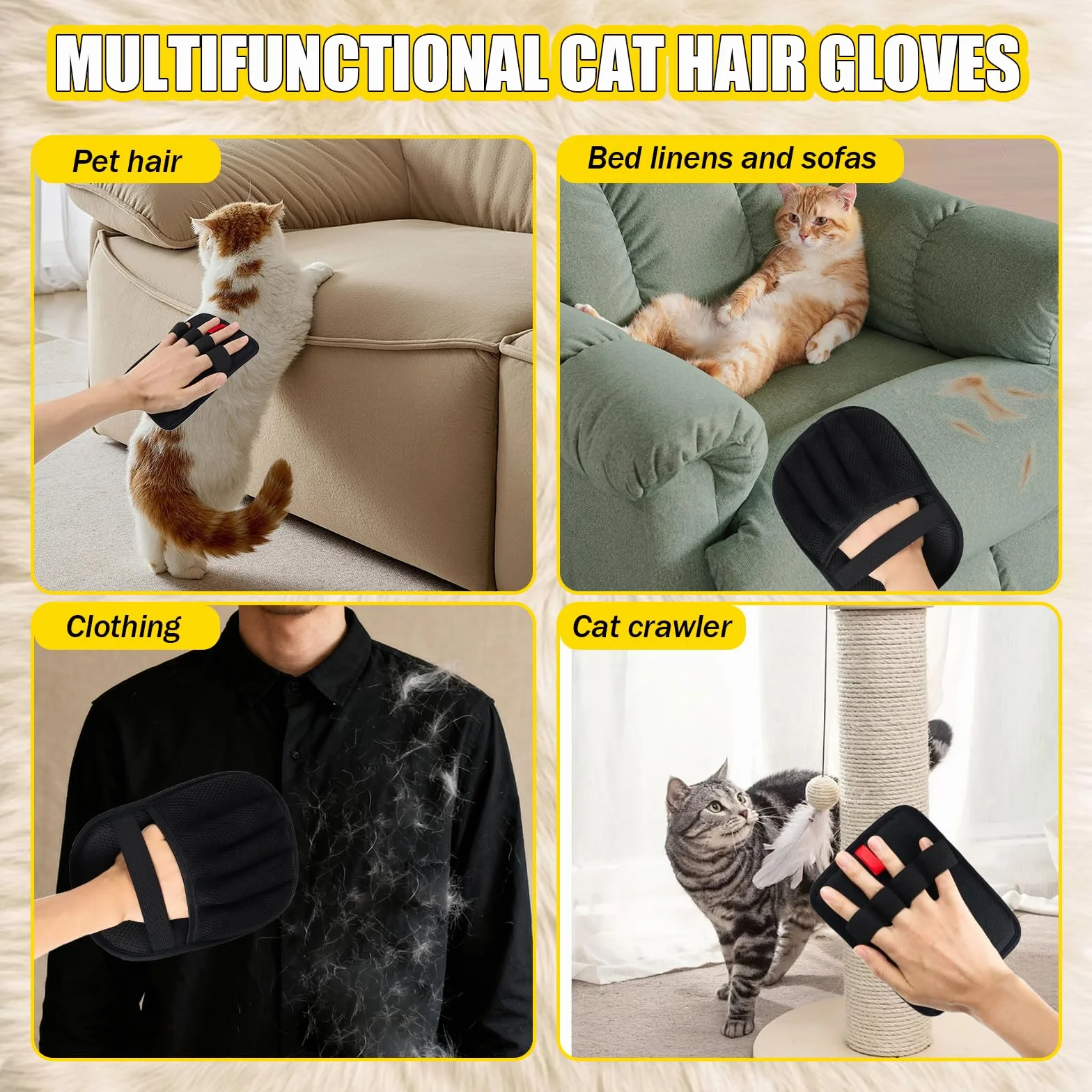 Gant Anti Poils Animaux Double Face Réutilisable pour Tapis Canapé Chien Chat