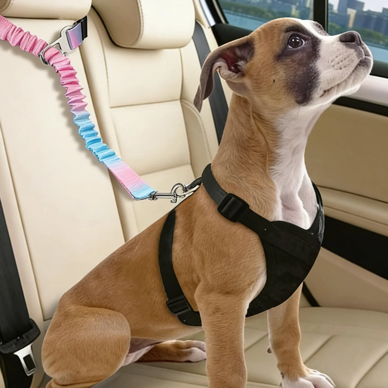 Réglable Ceinture Securite Chien Voiture - 1 Pièce, Bleu Rose Dégradé, Elastique Attache Chiens Voitures, Adaptée à Tous Les Types d'animaux et de Modèles de Véhicules