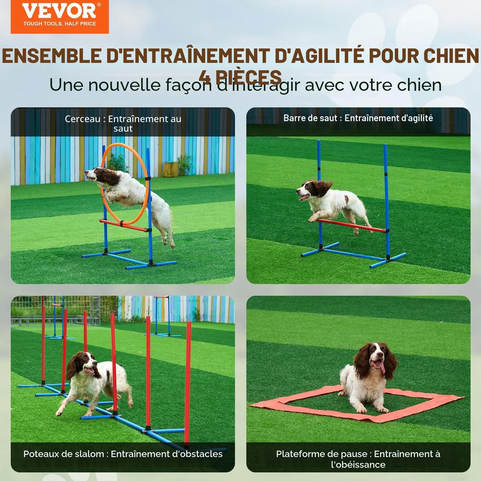 VEVOR Équipements d'Entraînement Agilité pour Chien, Ensemble 4PCS, Parcours Obstacles avec Haies Réglables