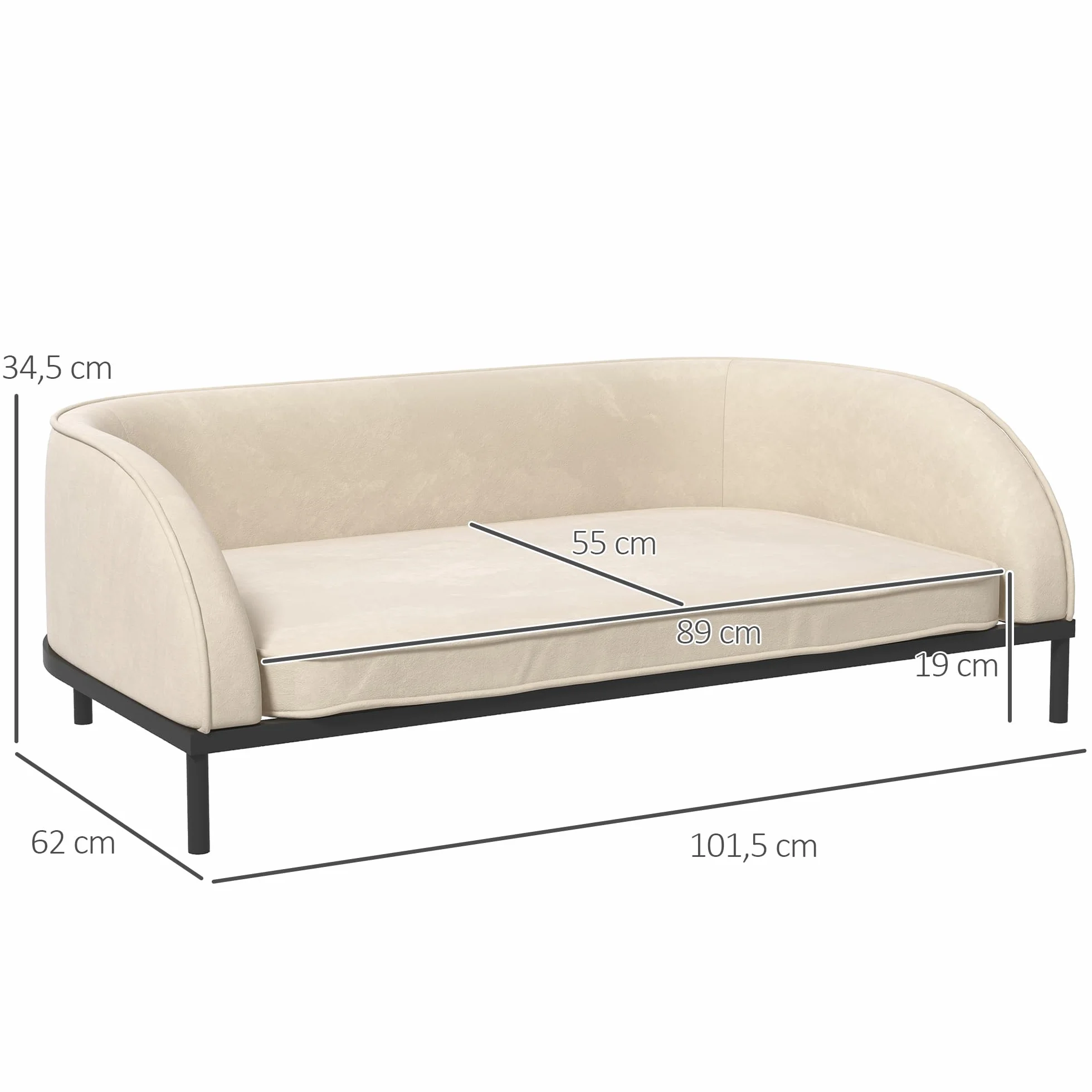 PawHut Canapé pour Chien surélevé 101,5 x 62 x 34,5 cm Coussin déhoussable Pieds Acier Velours Blanc crème Noir