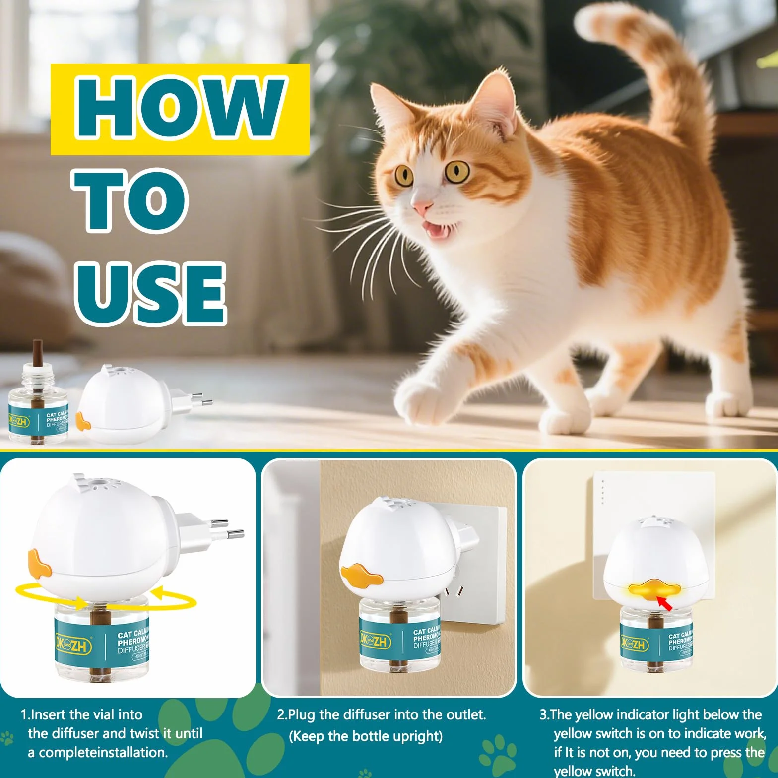 Diffuseur Phéromone pour Chat 3 en 1 Anti Stress, 60 Jours, 1 Diffuseur + 2x48ml Recharges