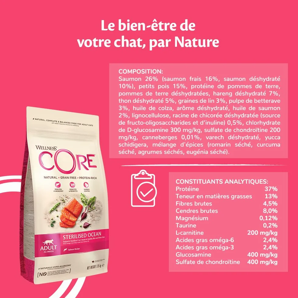 WELLNESS CORE Croquettes pour Chats Stérilisés Saumon sans Céréales 4 kg