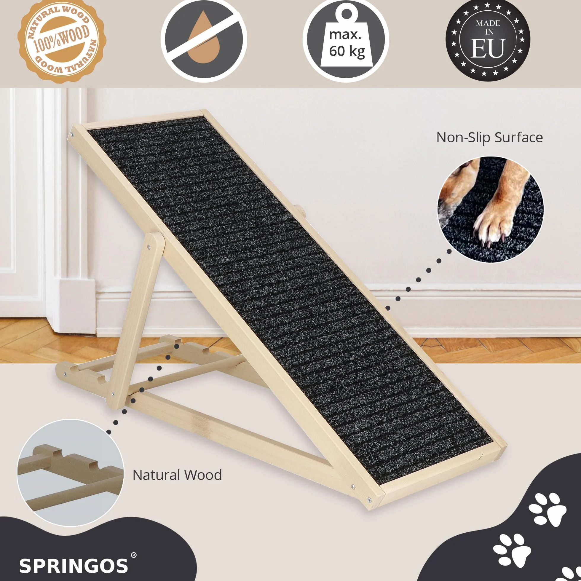 SPRINGOS Rampe pour chien réglable 42,5-59 cm pliable en bois avec insert antidérapant