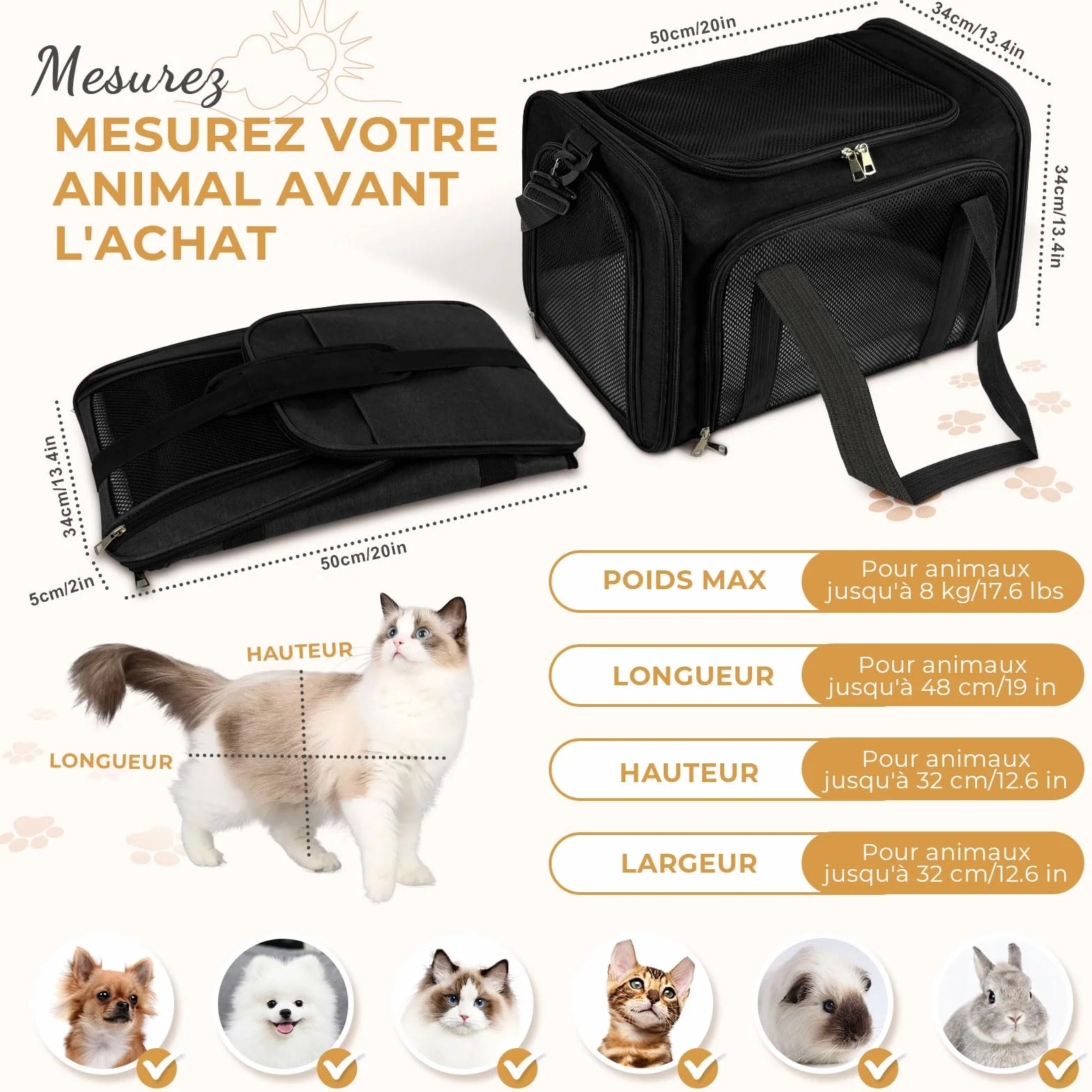 Sac de Transport Chat Chien avec Matelas Souple, Respirant et Pliable, 50x34x34cm Noir