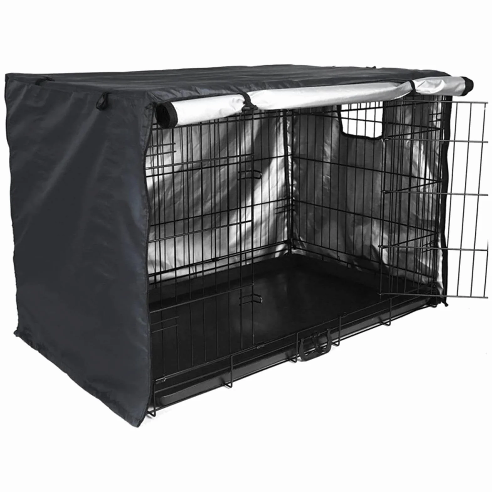Housse de niche pour chien en tissu enduit d'argent double porte imperméable anti-UV avec fenêtre d'aération extérieur