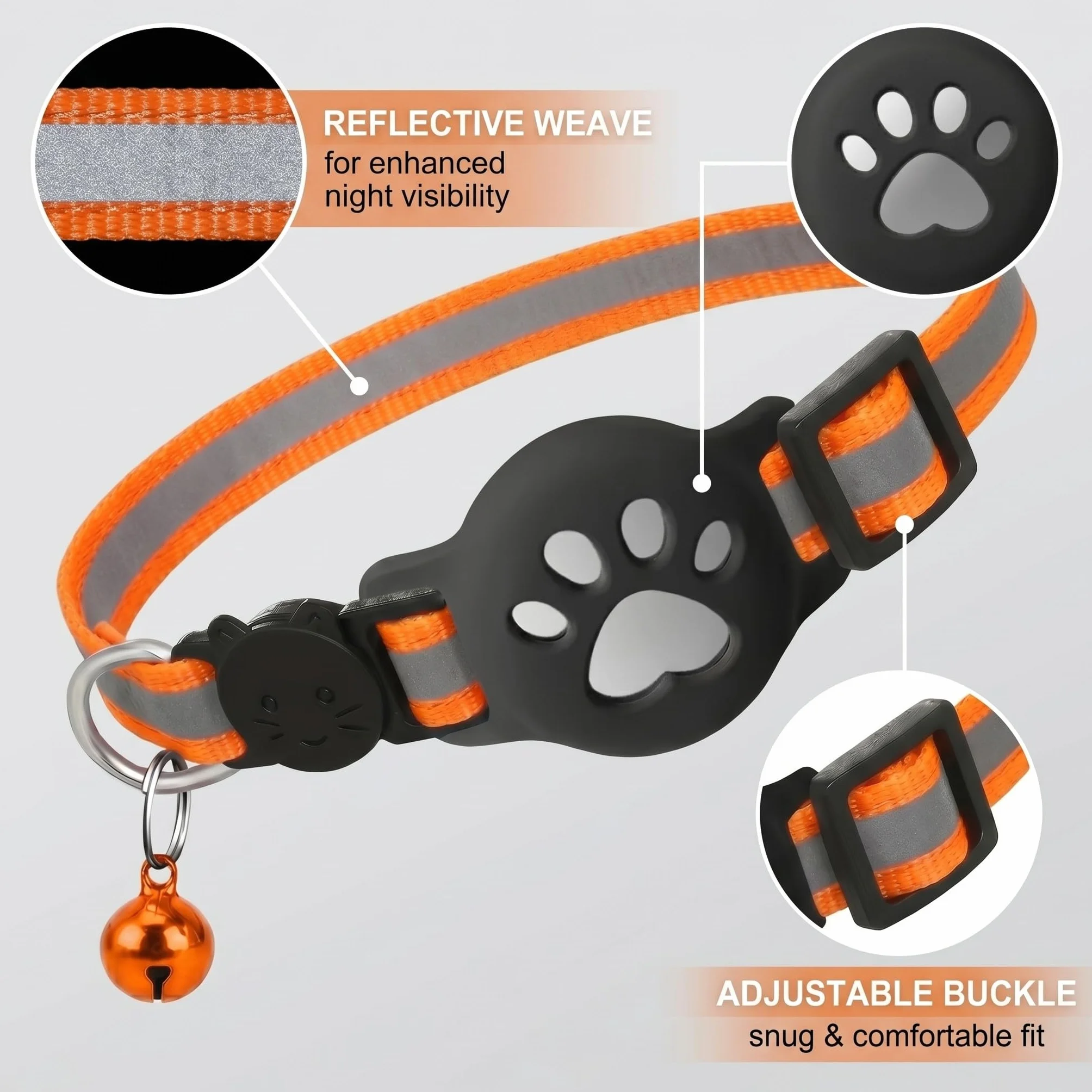 Collier Chat Support Airtag GPS Réfléchissant Extensible Orange Silicone Anti étranglement Chats Chiots