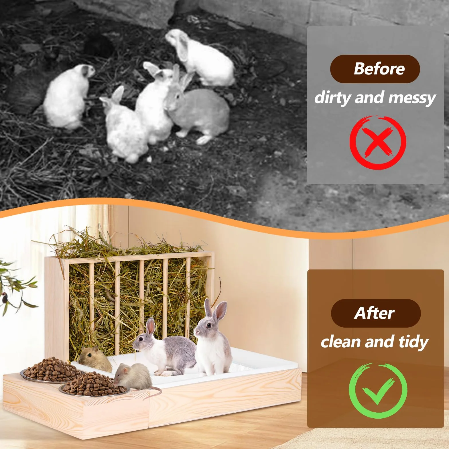 Mangeoire à foin 3 en 1 pour lapin avec bac à litière et bols en bois - pour petits animaux