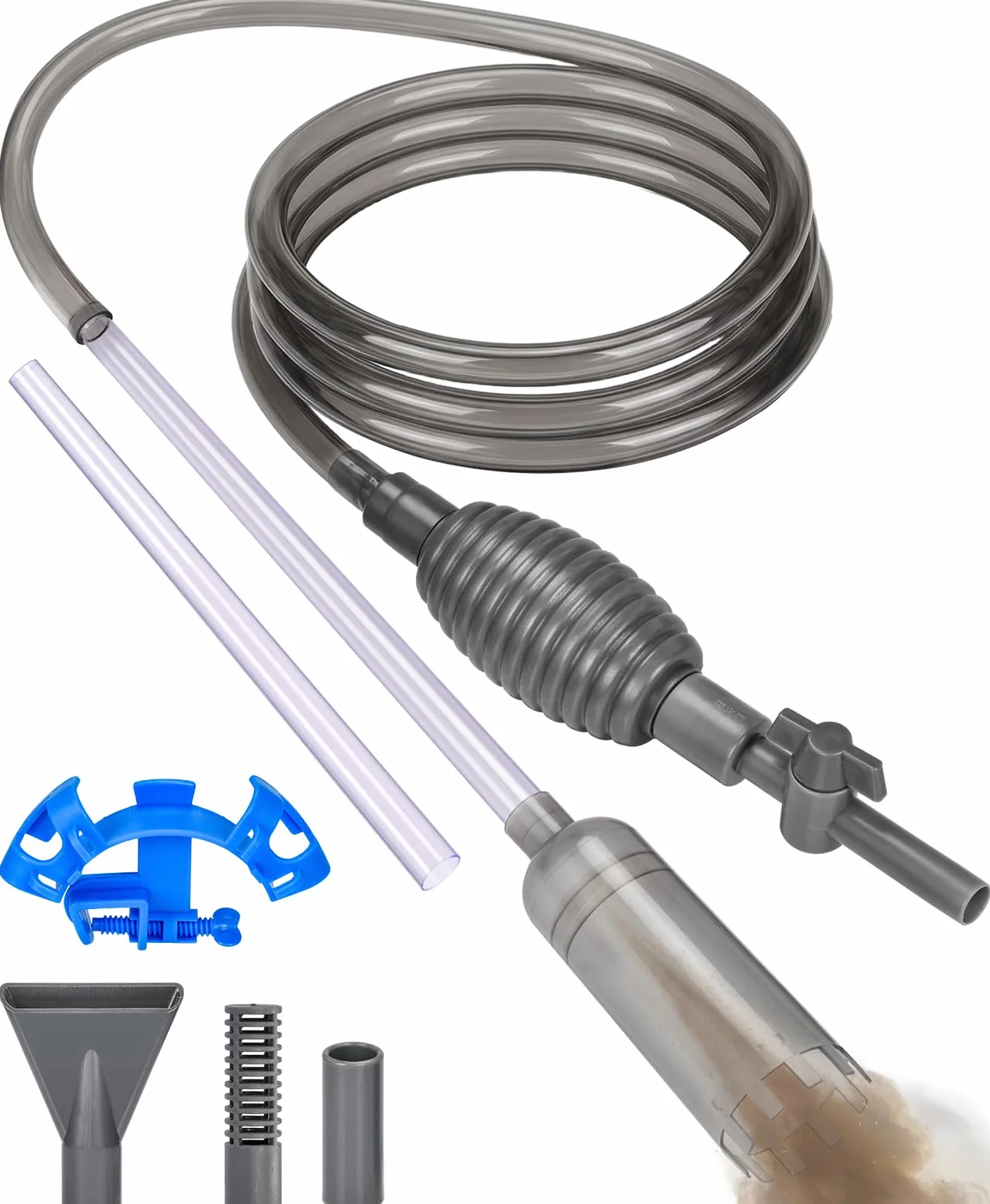 Siphon Aquarium 3 m Tuyau Nettoyeur de Gravier avec Tube Rigide 70 cm, Robinet Marche/Arrêt, Filtre, Buse Bec de Canard