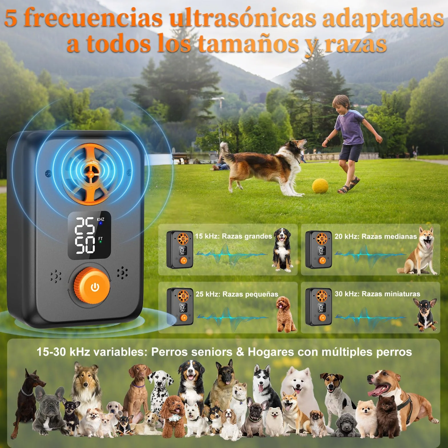 Anti Aboiement Chien Ultrason Puissant 5 Fréquences Ajustables 3 Portées Arrêt Automatique Intérieur Extérieur