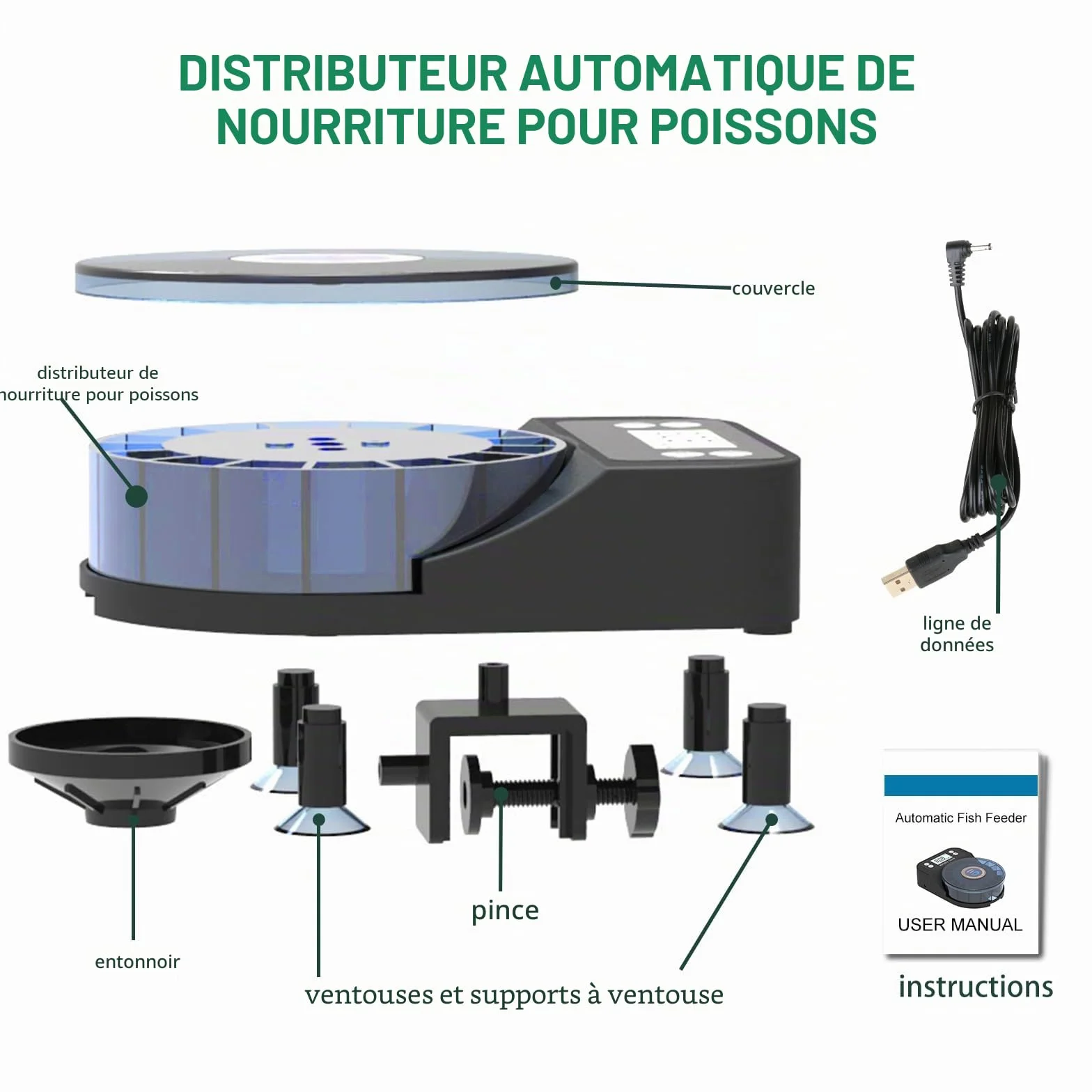 Mangeoire Automatique pour Poissons d'Aquarium 60 ML avec Minuterie, Rechargeable USB, Écran LCD