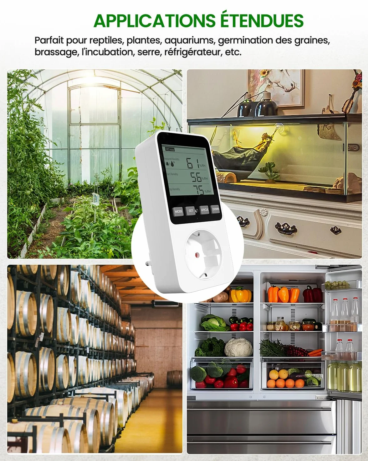 Prise Thermostat Hygrostat Numérique, Contrôleur de Température et d'humidité Prise avec Sonde, Alarme Régulateur Humidité Prise pour Terrarium Reptile Couveuse Incubateur Serre