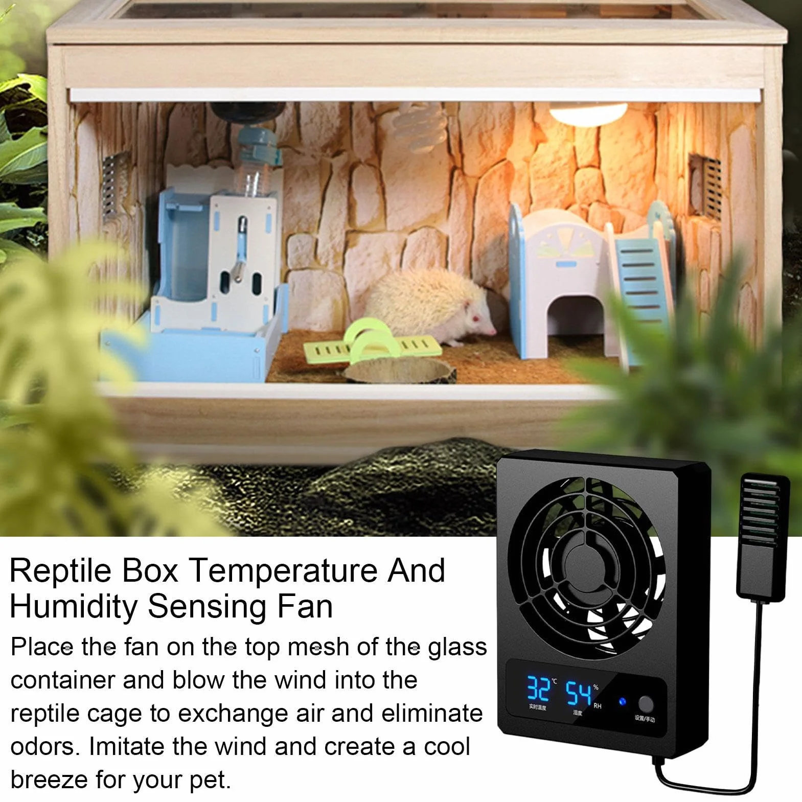 Fan de reptile - Gauge d'humidité du reptile intelligent avec affichage LED | Ventilateur de refroidissement, ventilateur de ventilation pour les serpents, terrarium de forêt tropical
