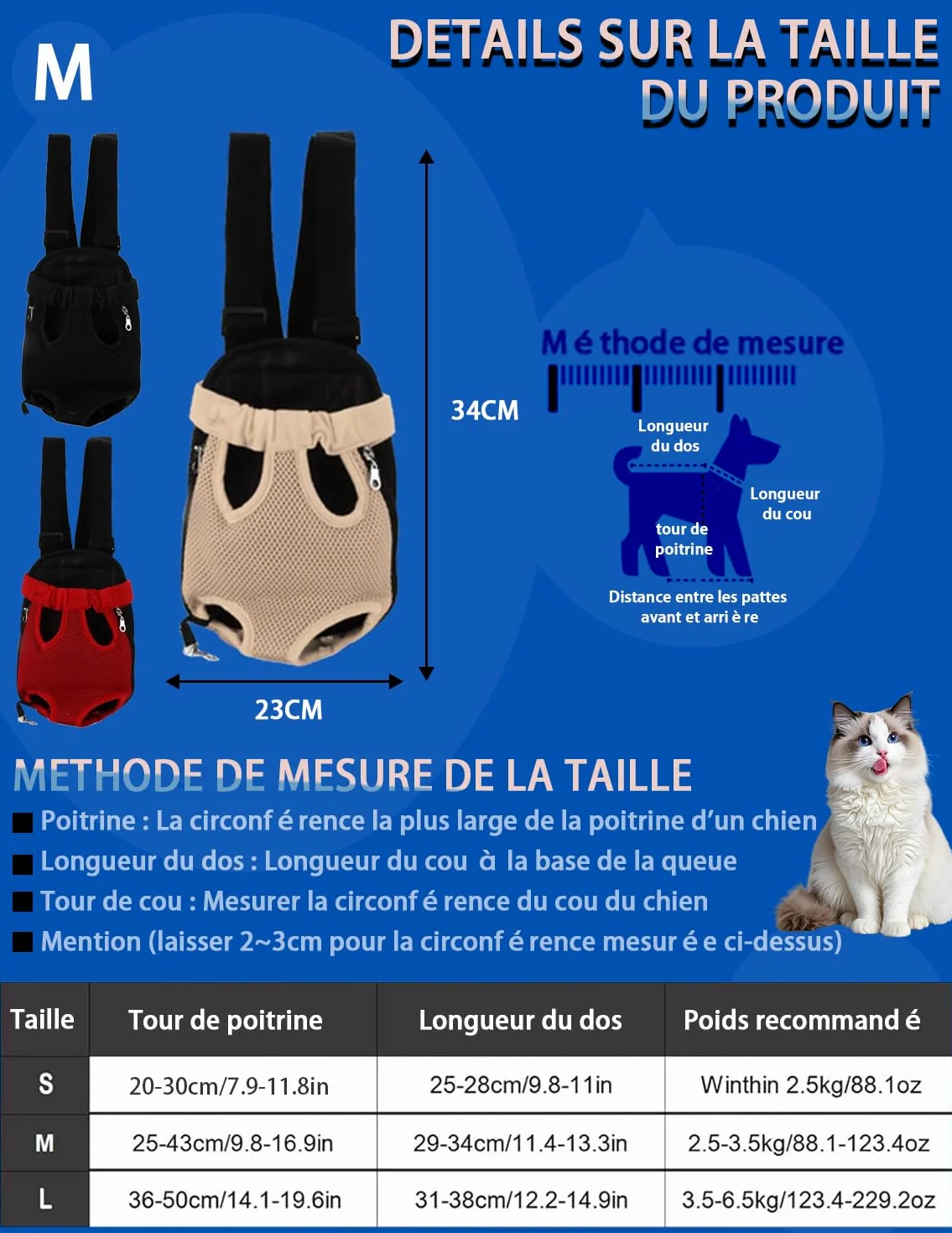 Sac Transport Chat Ventral à Sangle Réglable, Maille Respirante pour Extérieur et Voyage, M-Beige